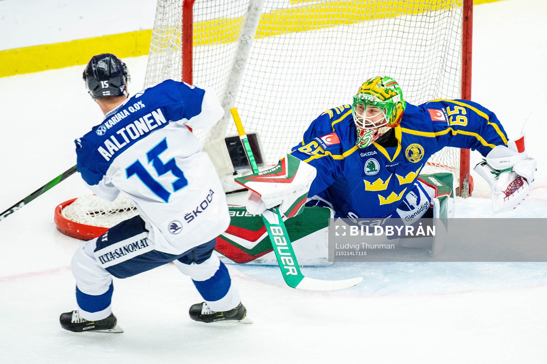 Goalkeeper Christoffer Rifalk of Sweden and Miro Aaltonen