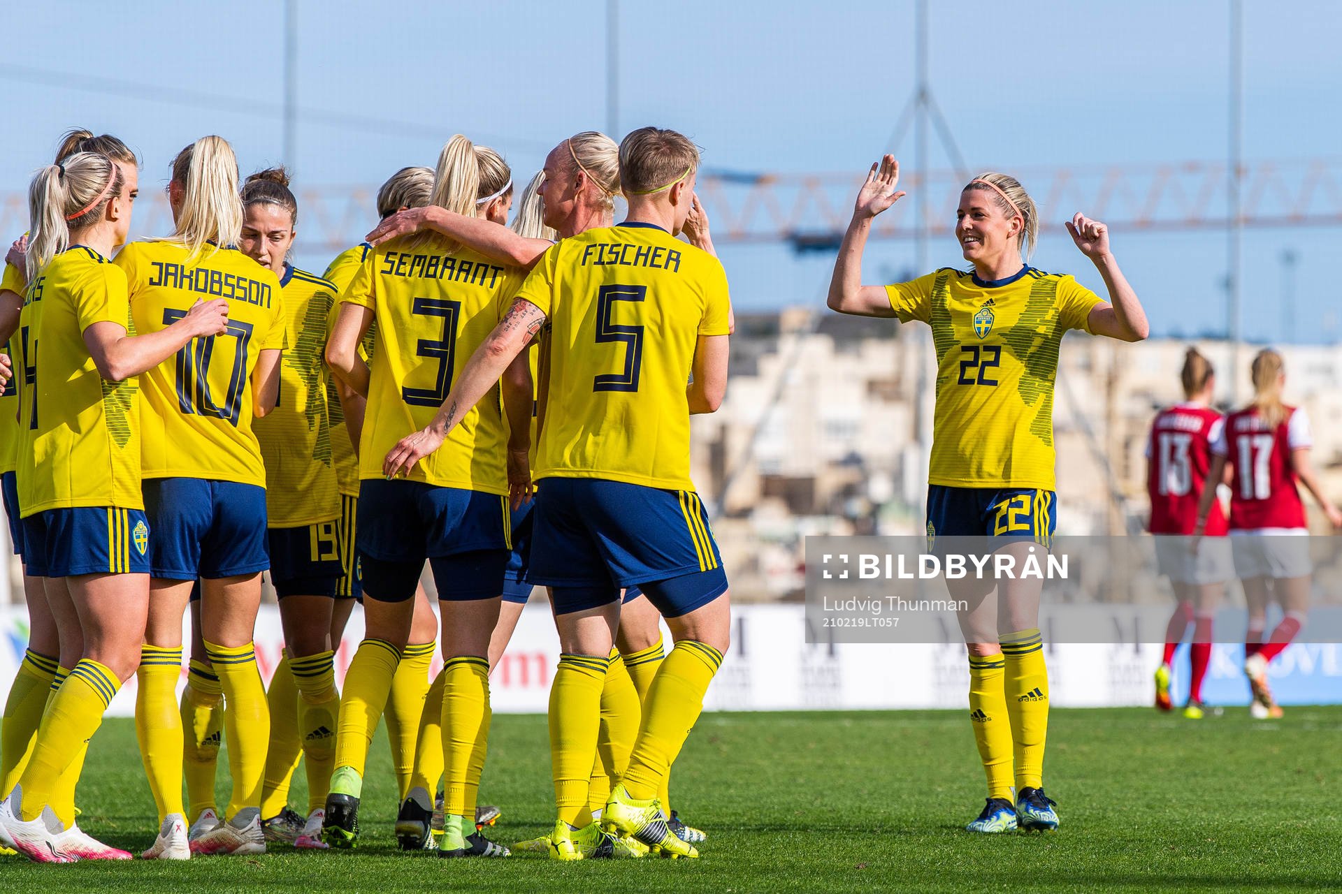 Players of Sweden celebrate after 0-1 during the international friendly football match between Austria and Sweden on February 19, 2021 in Paola.