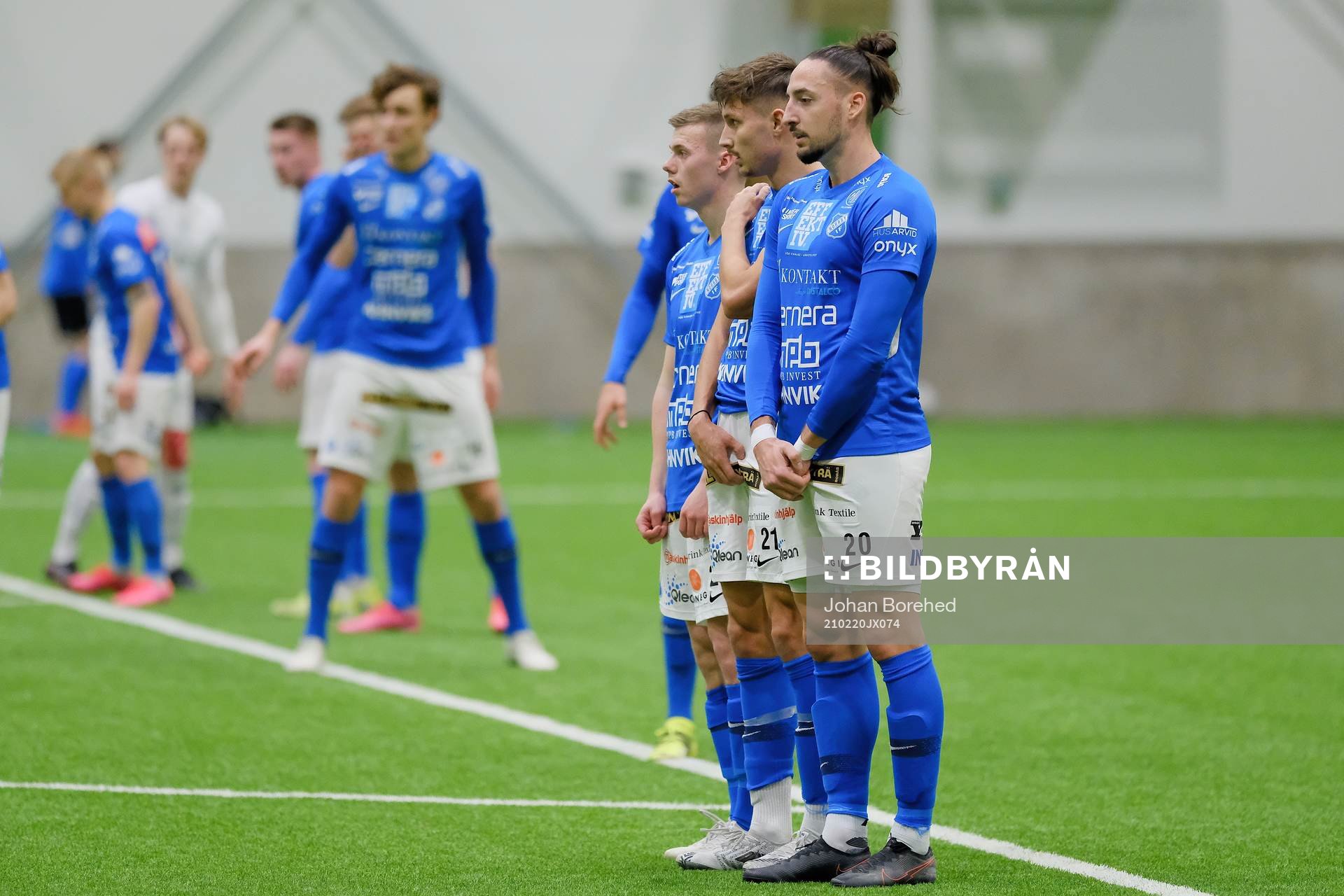 Norrby murar med Dijan Vukojevic, Dino Cavalic och Melvin Andersson under träningsmatchen i fotboll mellan Norrby och Örgryte den 20 februari 2021 i Borås.