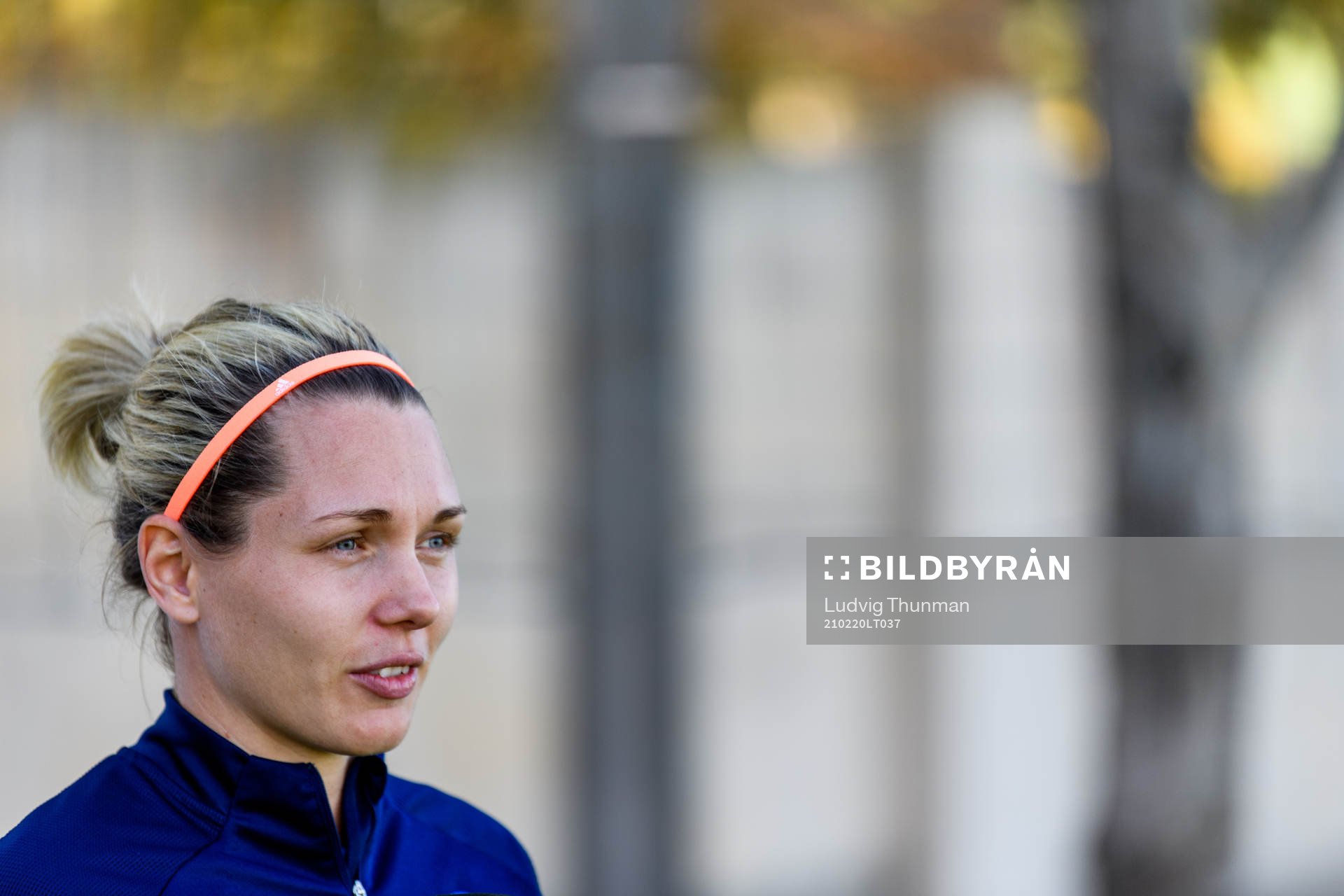 Goalkeeper Jennifer Falk is interviewed by the media after a training session with the Swedish women's national football team on February 20, 2021 in Attard.