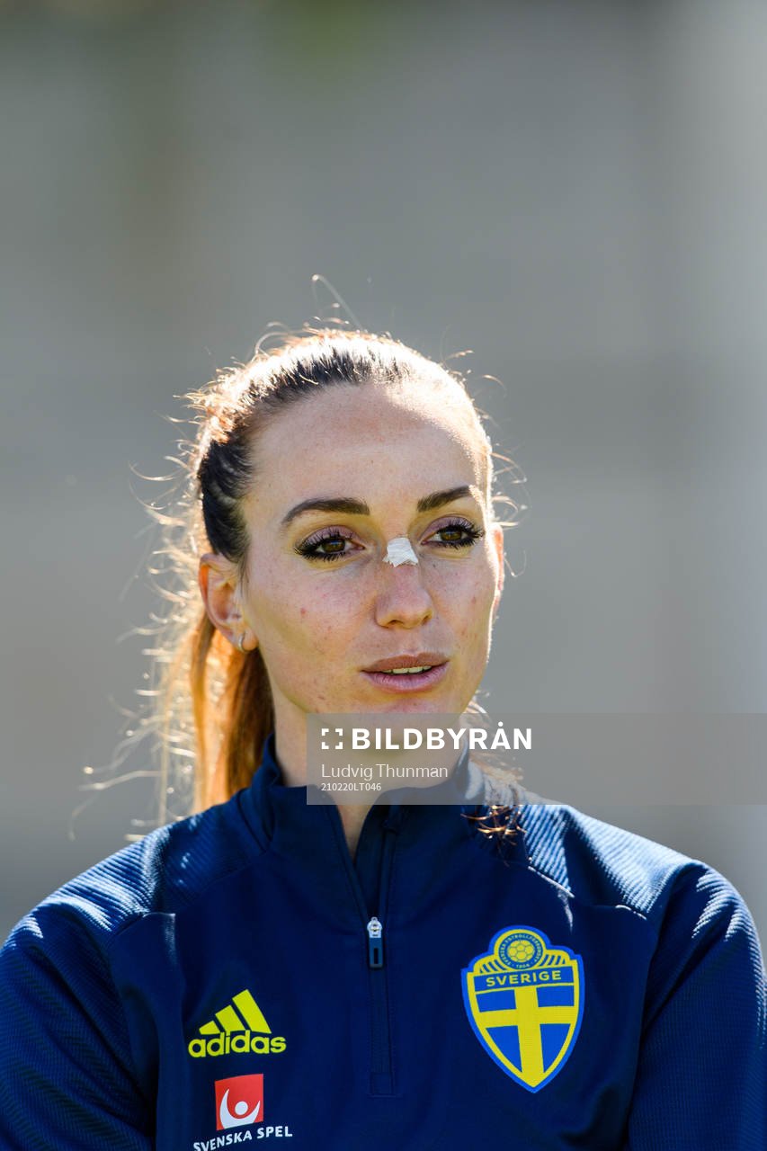 Kosovare Asllani is interviewed by the media after a training session with the Swedish women's national football team on February 20, 2021 in Attard. 