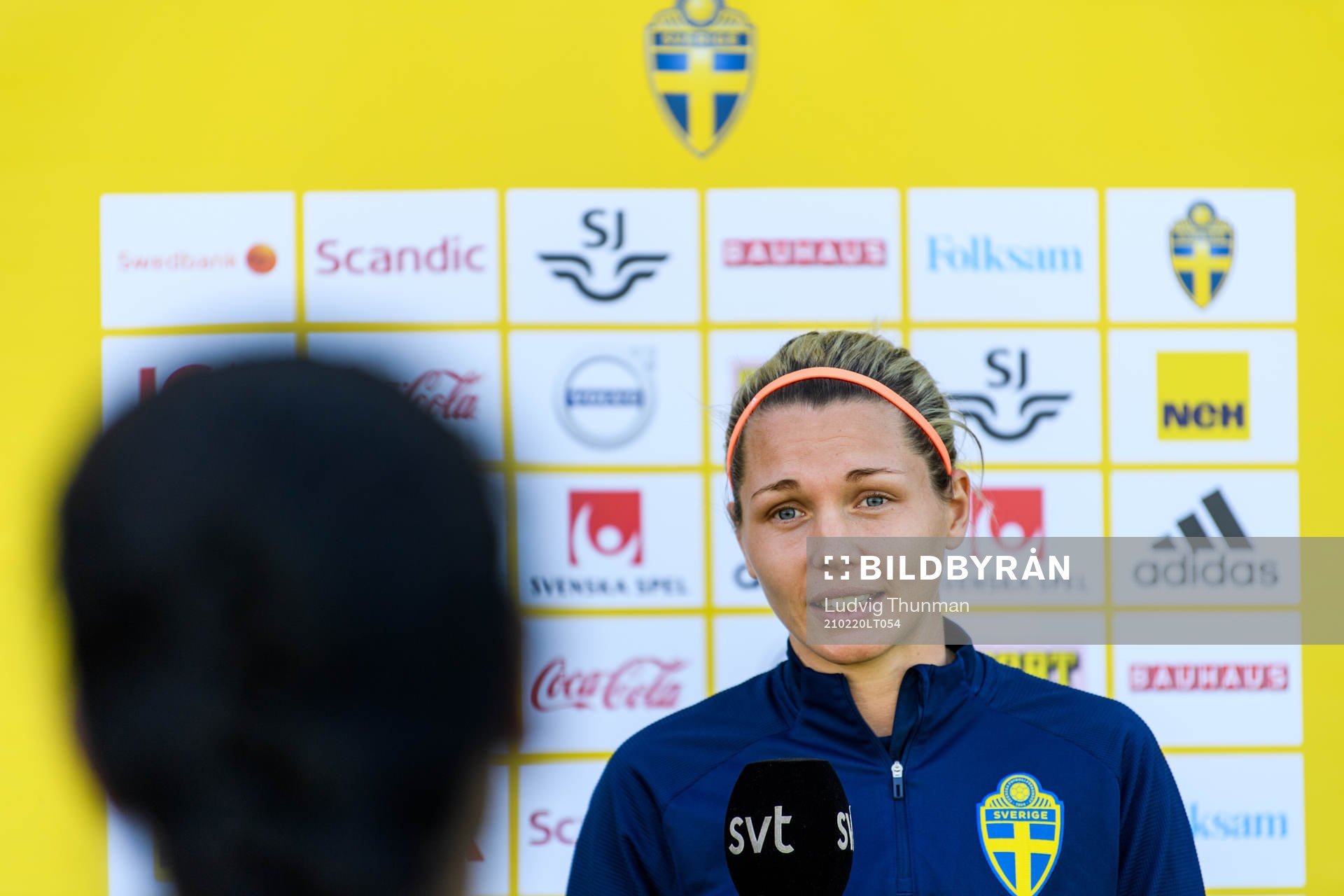 Goalkeeper Jennifer Falk is interviewed by the media after a training session with the Swedish women's national football team on February 20, 2021 in Attard.