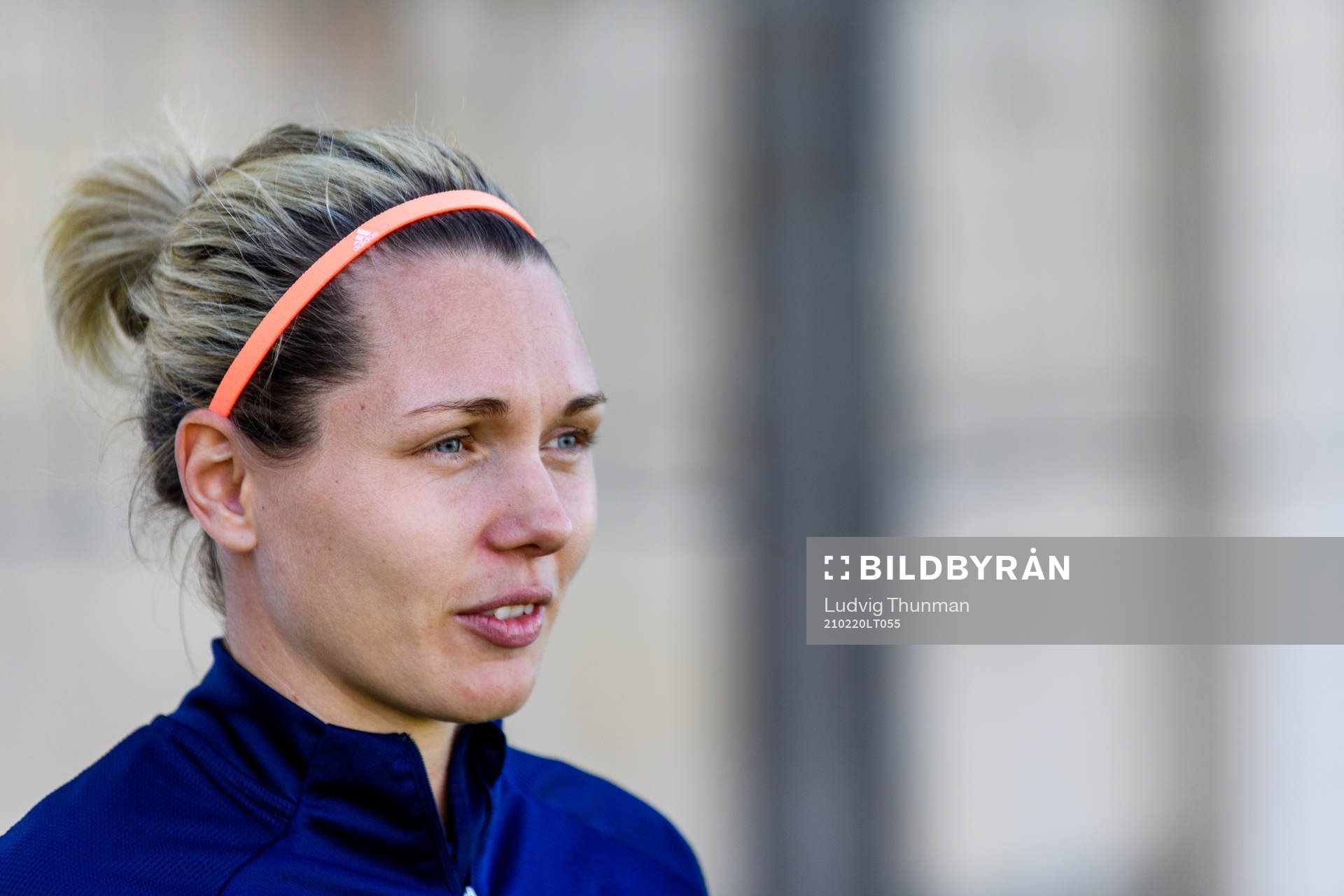 Goalkeeper Jennifer Falk is interviewed by the media after a training session with the Swedish women's national football team on February 20, 2021 in Attard.