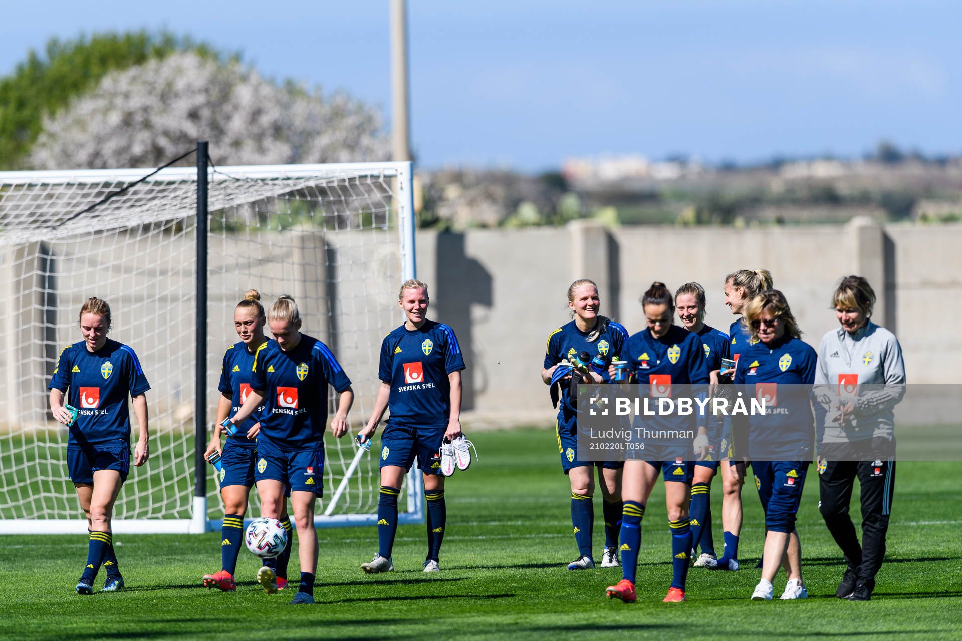 Players leave a training session with the Swedish women's national football team on February 20, 2021 in Attard. 
