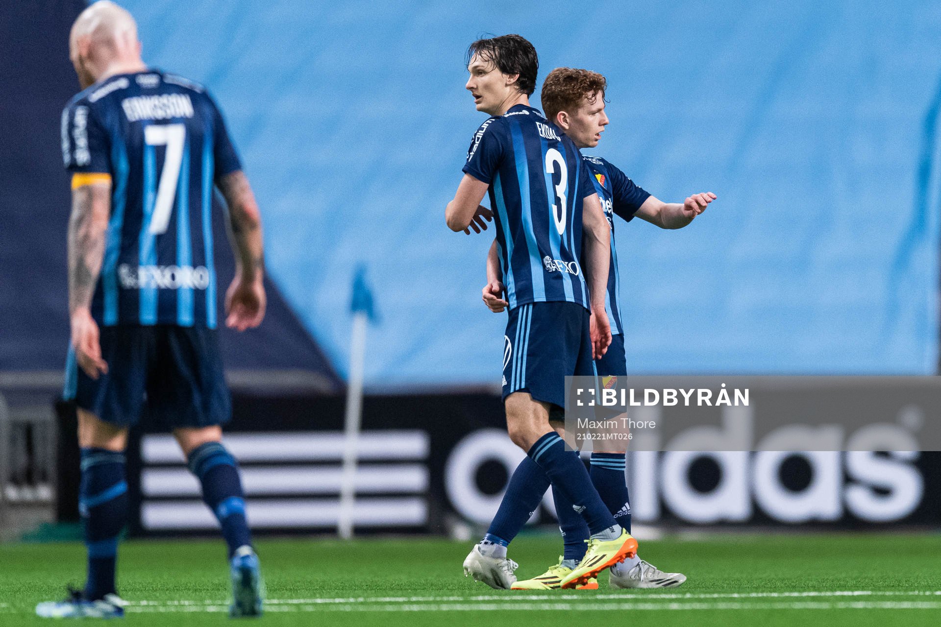 Djurgårdens Hjalmar Ekdal och Aslak Witry jublar efter fotbollsmatchen i Svenska Cupen mellan Djurgården och Brage den 21 februari 2021 i Stockholm. 