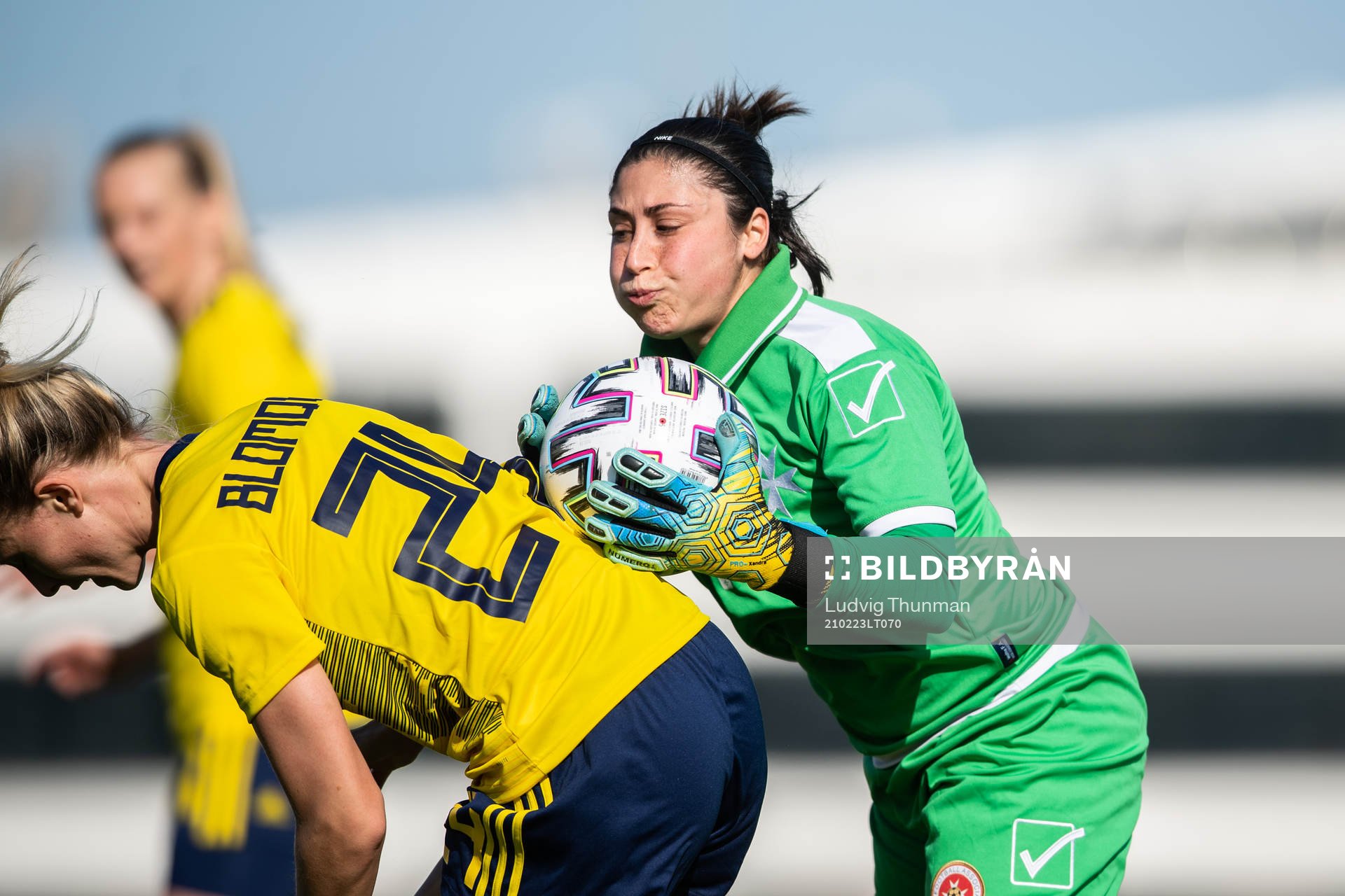 Rebecka Blomqvist of Sweden and goalkeeper Janice Xuereb of