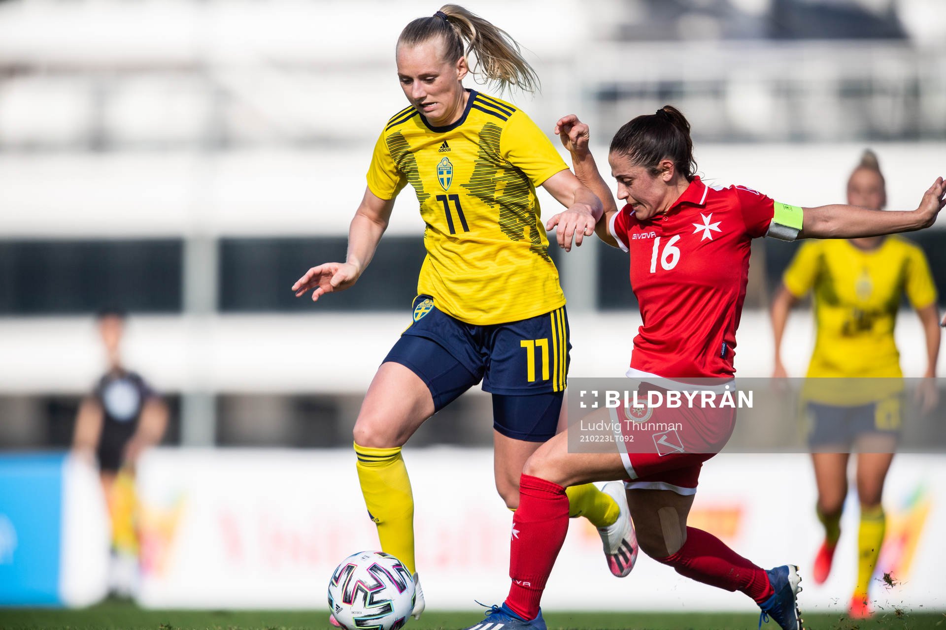 Stina Blackstenius of Sweden and Charlene Zammit of Malta