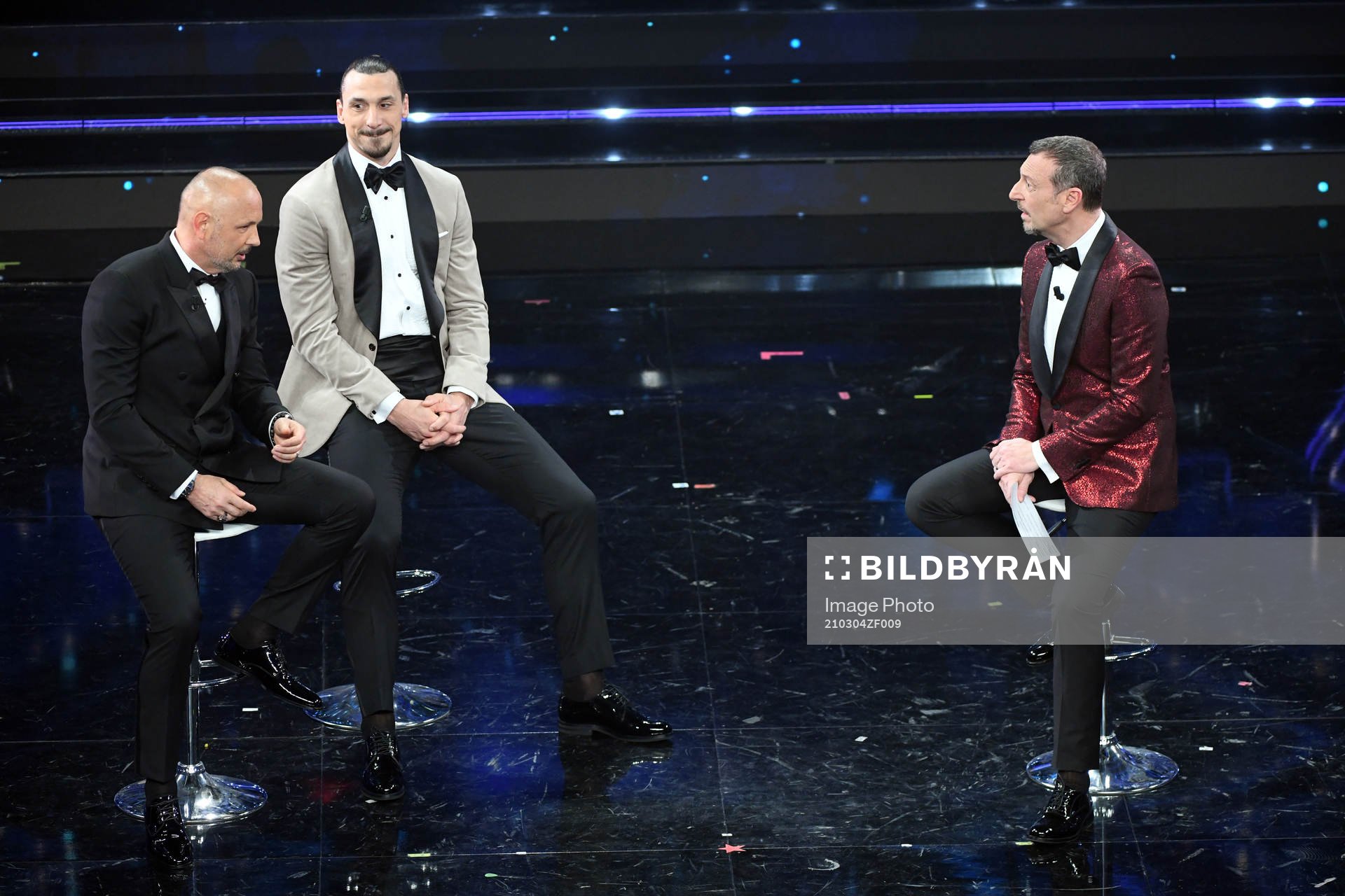Zlatan Ibrahimovic, Sinisa Mihajlovic and presenter Amadeus attends the Sanremo Music Festival 2021 on March 4, 2021 in Sanremo, Italy.
