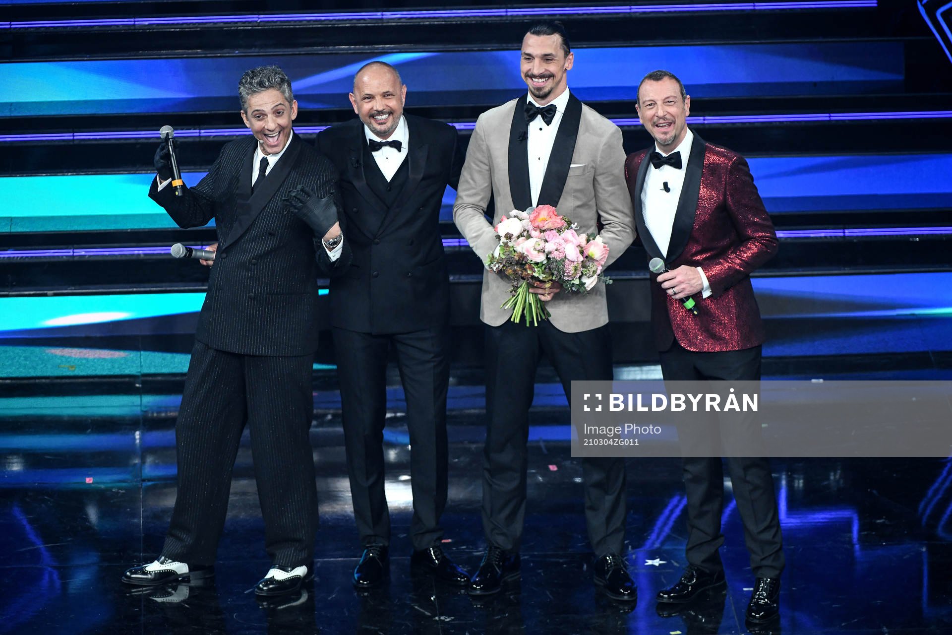 Fiorello, Sinisa Mihajlovic, Zlatan Ibrahimovic and presenter Amadeus attends the Sanremo Music Festival 2021 on March 4, 2021 in Sanremo, Italy.