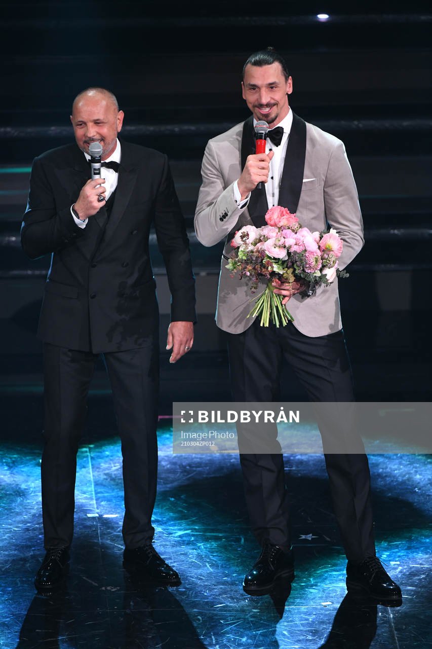 Zlatan Ibrahimovic and Sinisa Mihajlovic attends the Sanremo Music Festival 2021 on March 4, 2021 in Sanremo, Italy.