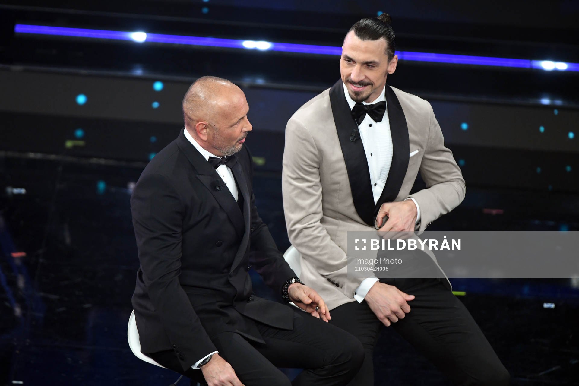 Zlatan Ibrahimovic and Sinisa Mihajlovic attends the Sanremo Music Festival 2021 on March 4, 2021 in Sanremo, Italy.