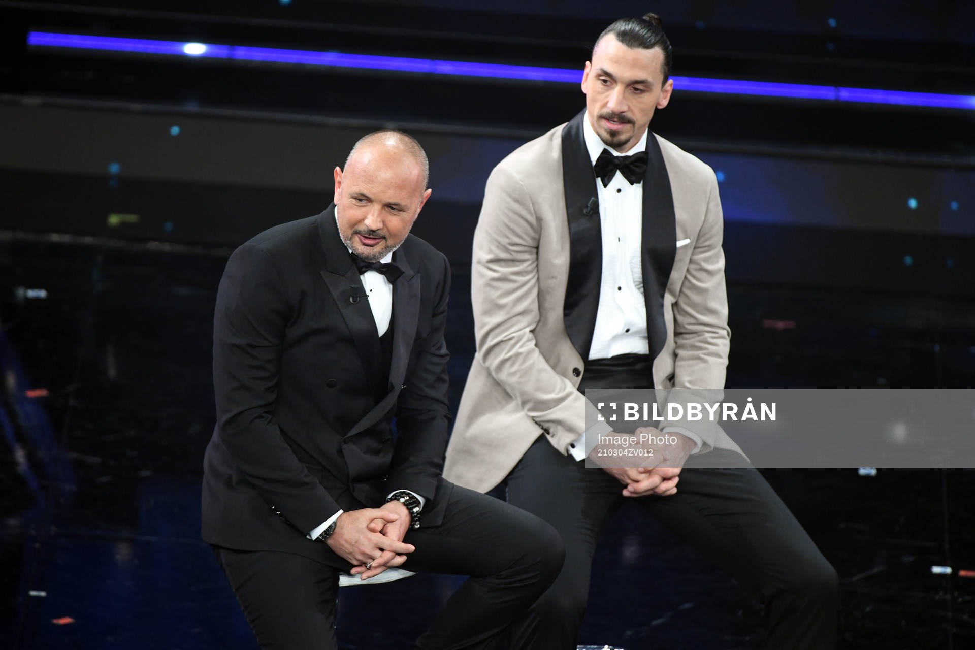Zlatan Ibrahimovic and Sinisa Mihajlovic attends the Sanremo Music Festival 2021 on March 4, 2021 in Sanremo, Italy.
