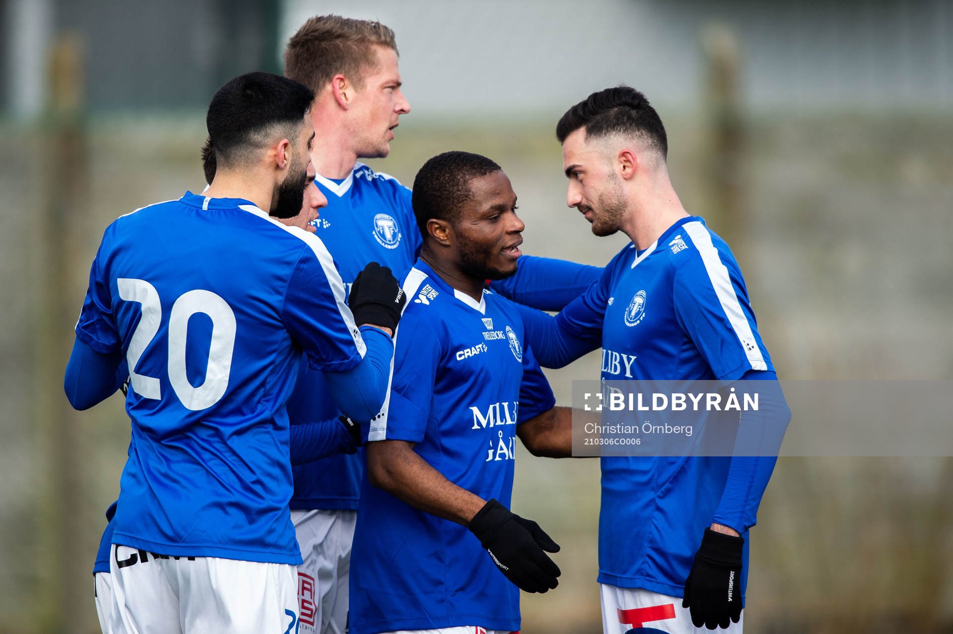 Trelleborgs Henry Offia jublar efter 1-0 under fotbollsmatchen i Svenska Cupen mellan Trelleborg och Lödde den 6 mars 2021 i Trelleborg.