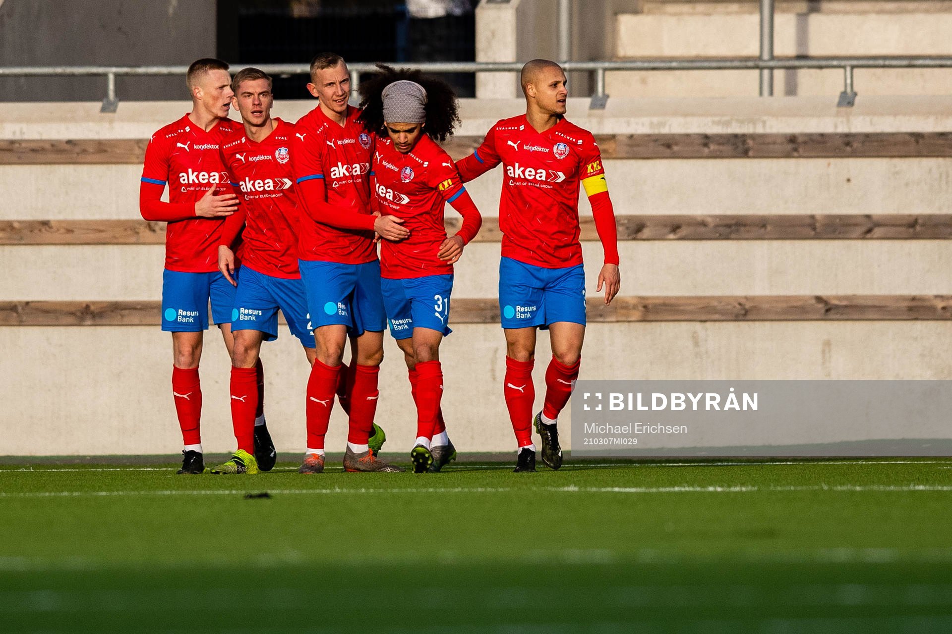 Helsingborgs spelare jublar efter 1-1 under fotbollsmatchen i Svenska Cupen mellan Häcken och Helsingborg den 7 mars 2021 i Göteborg.