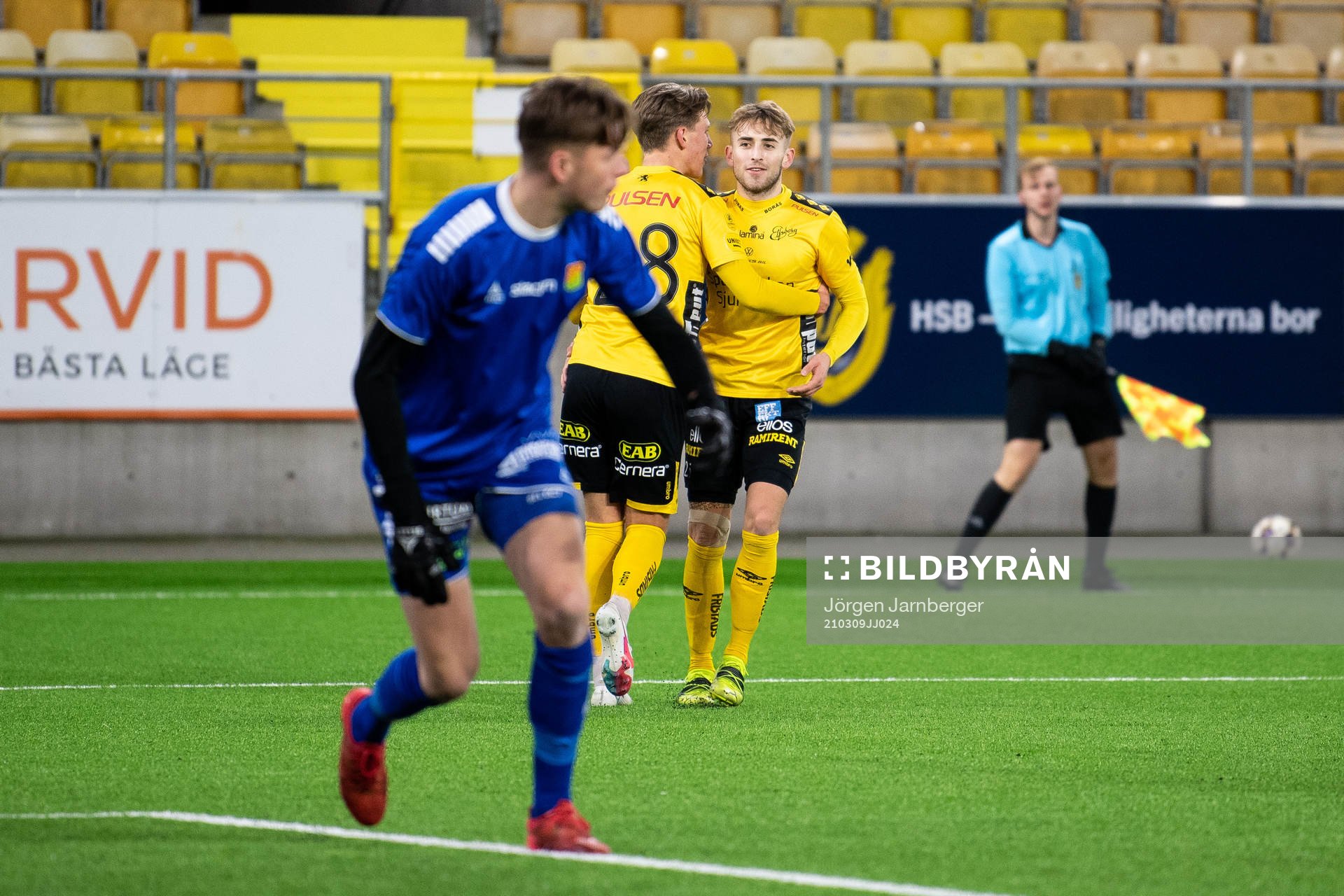 Elfsborgs Jack Cooper Love jublar efter att gjort mål under fotbollsmatchen i U21 Allsvenskan mellersta mellan Elfsborg och GAIS den 9 mars 2021 i Borås.