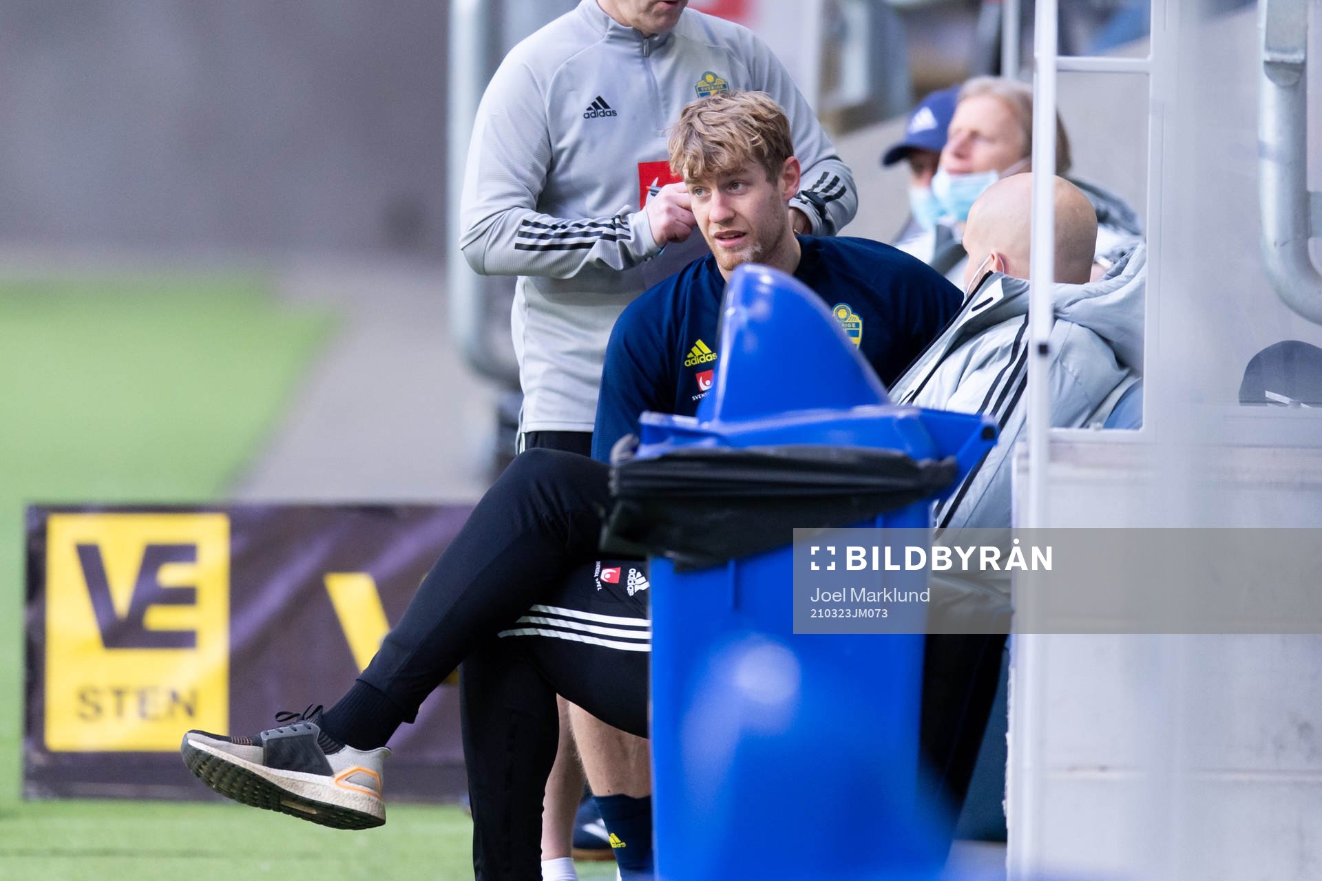 Filip Helander of the Swedish national football team sits