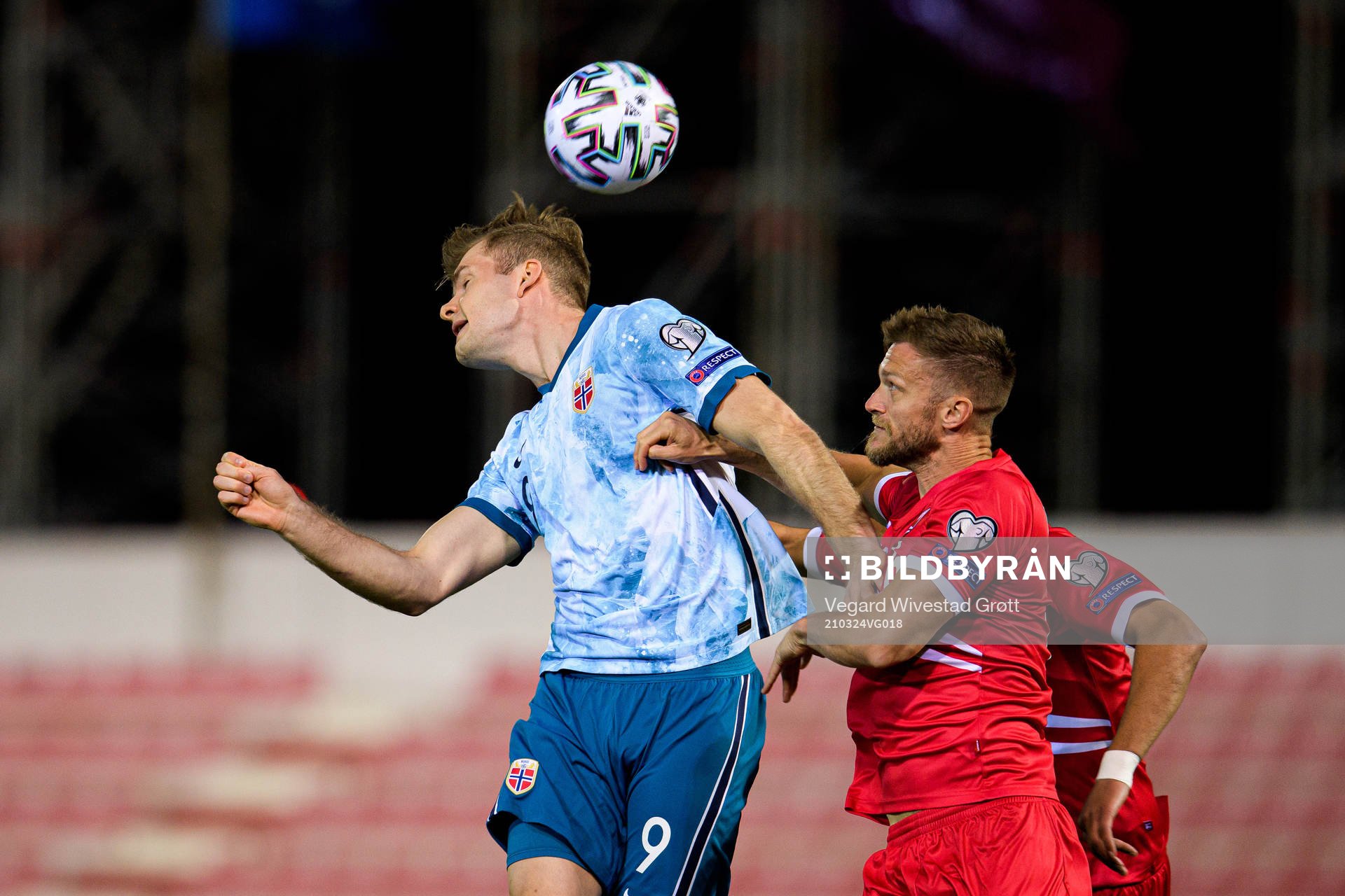 Alexander Sørloth of Norway and Scott Wiseman of Gibraltar