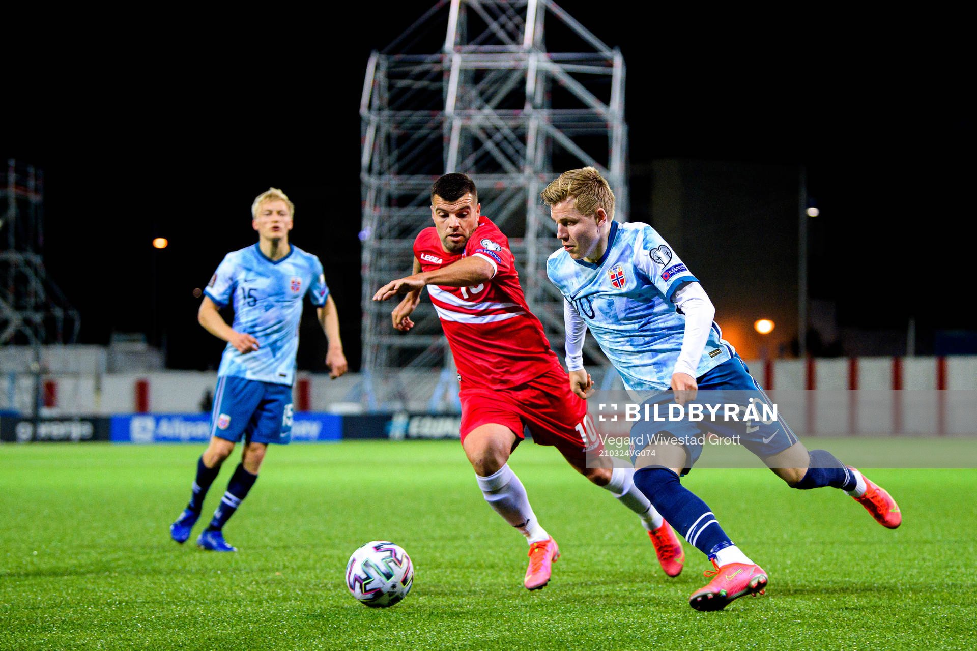 Liam Walker of Gibraltar and Jens Petter Hauge of Norway