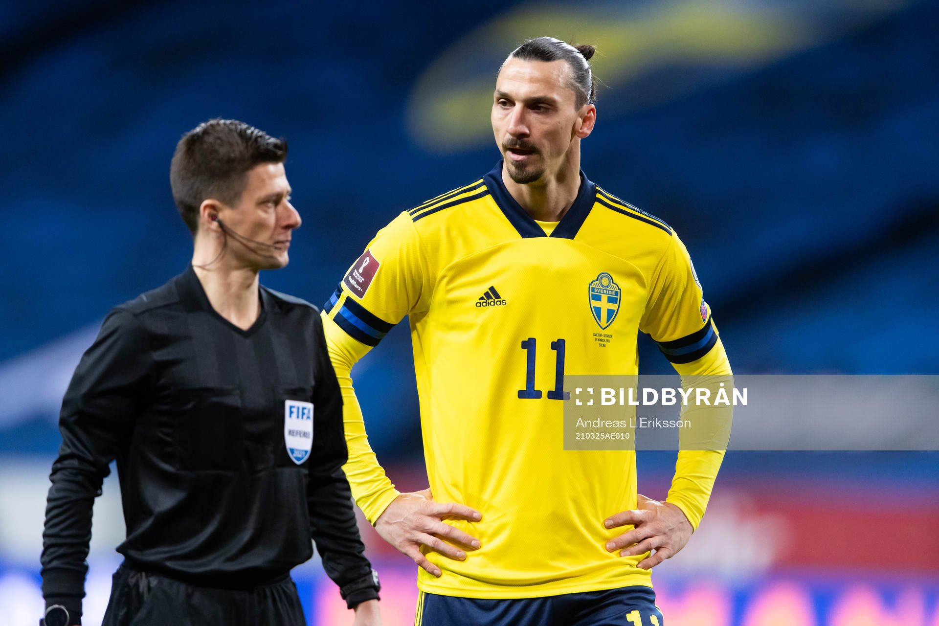 Referee Bastien Benoit and Zlatan Ibrahimovic of Sweden
