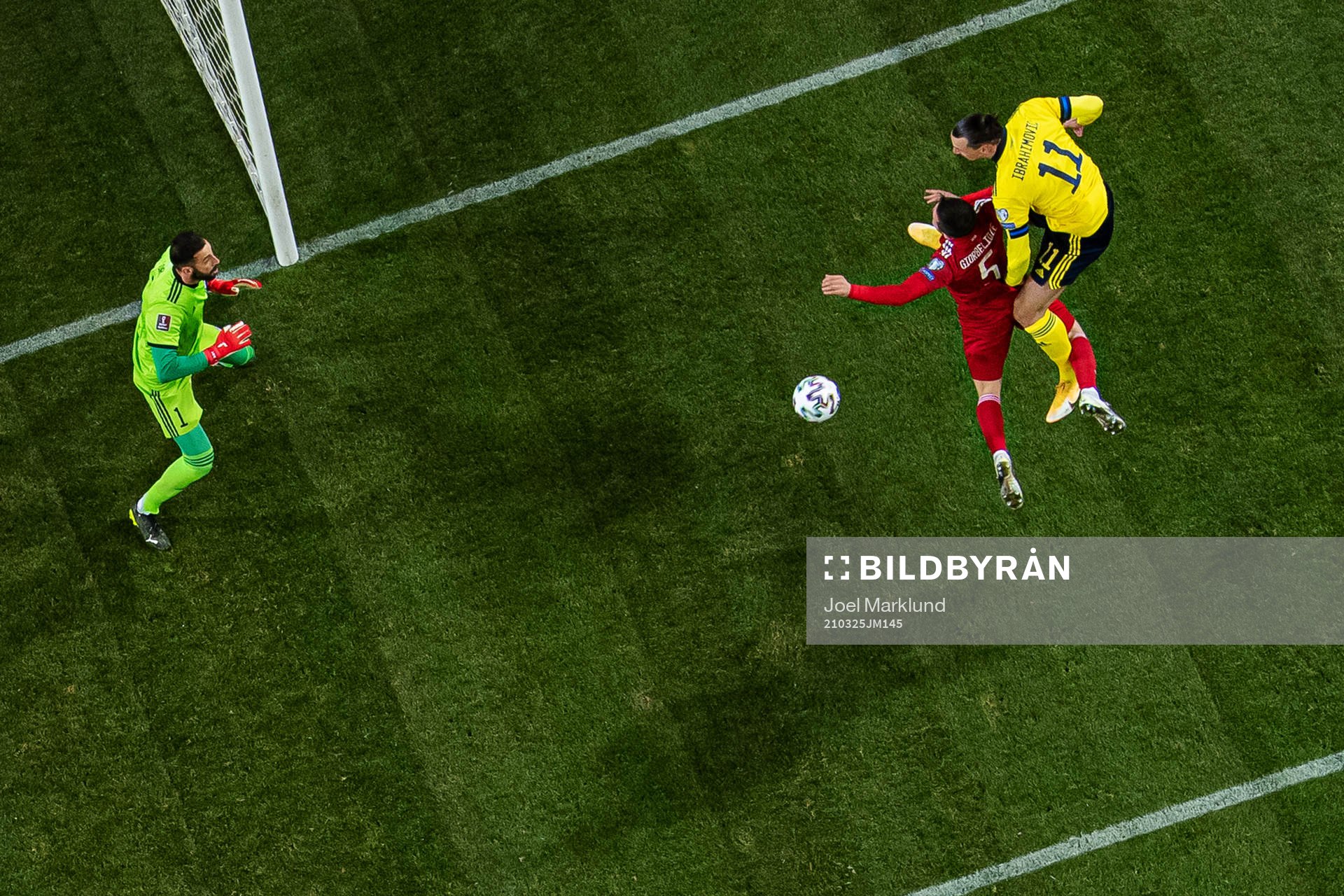 Goalkeeper Giorgi Loria and Guram Giorbelidze of Georgia are being challenged by Zlatan Ibrahimovic of Sweden during the FIFA World Cup Qualifier football match between Sweden and Georgia on March 25, 2021 in Stockholm.