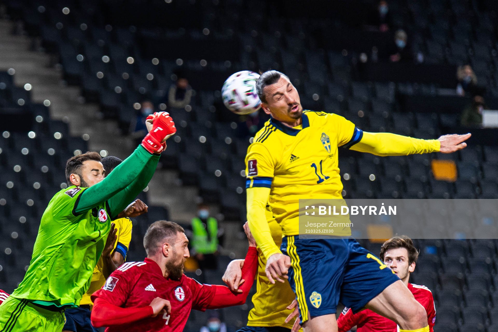 goalkeeper Giorgi Loria of Georgia and Zlatan Ibrahimovic