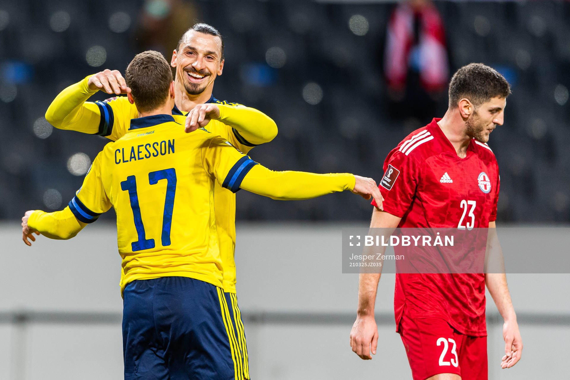 Viktor Claesson and Zlatan Ibrahimovic of Sweden celebrate