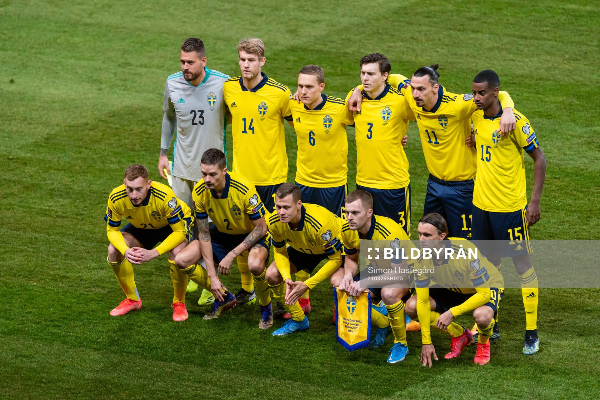 The Swedish starting eleven at lineup ahead of the FIFA World Cup Qualifier football match between Sweden and Georgia on March 25, 2021 in Stockholm. Rear row from left: Goalkeeper Kristoffer Nordfeldt, Filip Helander, Ludwig Augustinsson, Victor Nilsson Lindelöf, Zlatan Ibrahimovic, Alexander Isak. Front row from left: Dejan Kulusevski, Mikael Lustig, Viktor Claesson, Sebastian Larsson and Kristoffer Olsson.
