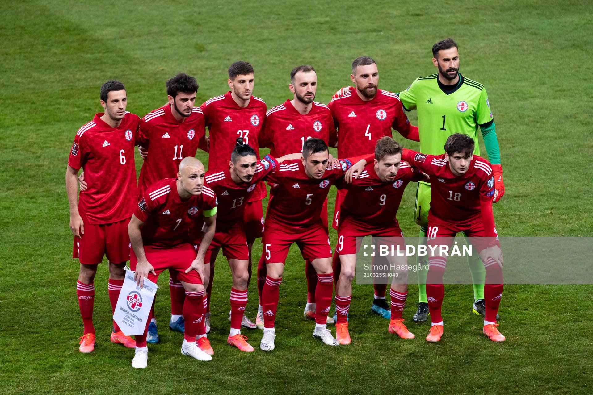 The starting eleven of Georgia at lineup ahead of the FIFA World Cup Qualifier football match between Sweden and Georgia on March 25, 2021 in Stockholm.
