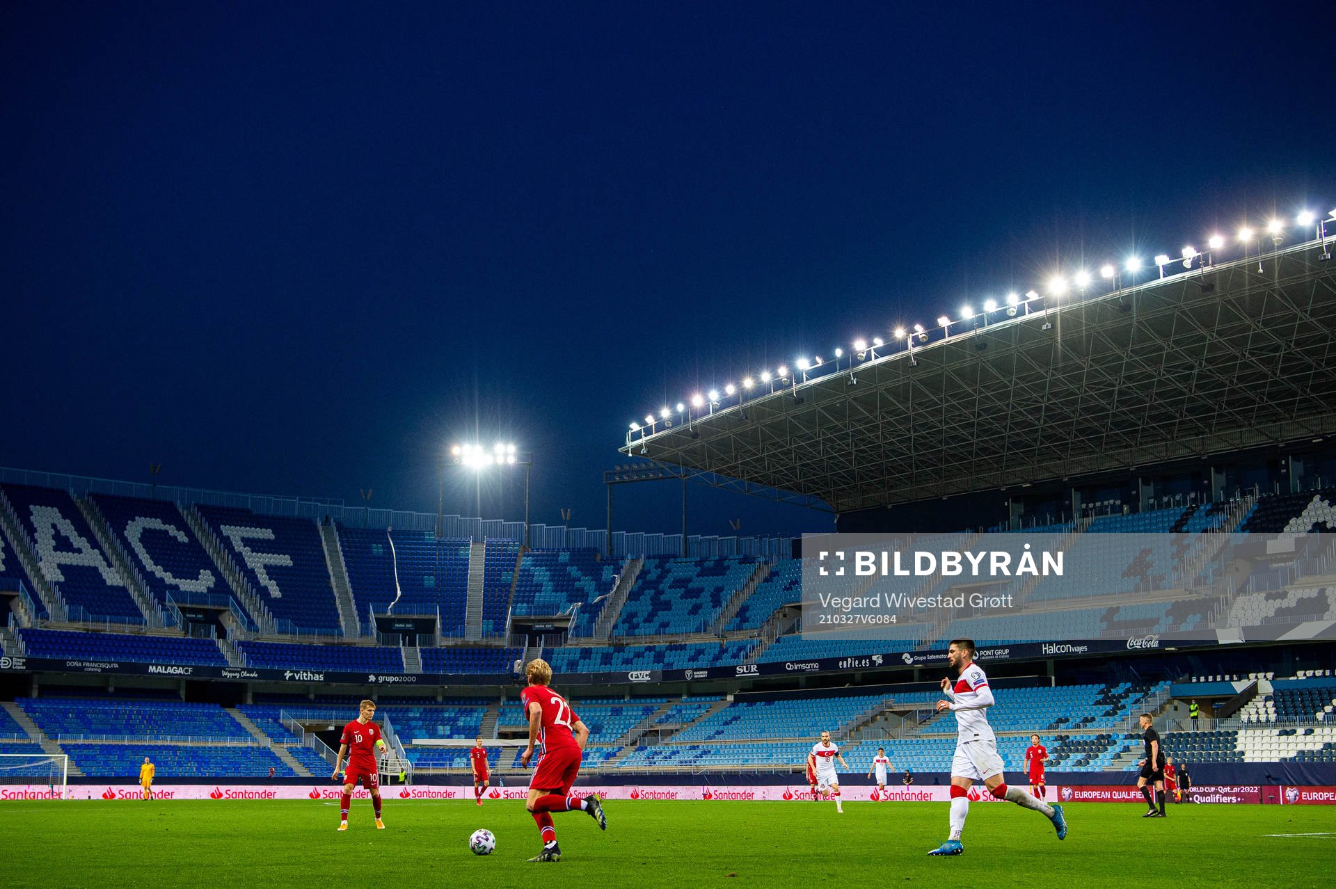 Martin Ødegaard and Morten Thorsby of Norway during the FIFA World Cup Qualifier football match between Norway and Turkey on March 27, 2021 at Estadio La Rosaleda in Malaga.