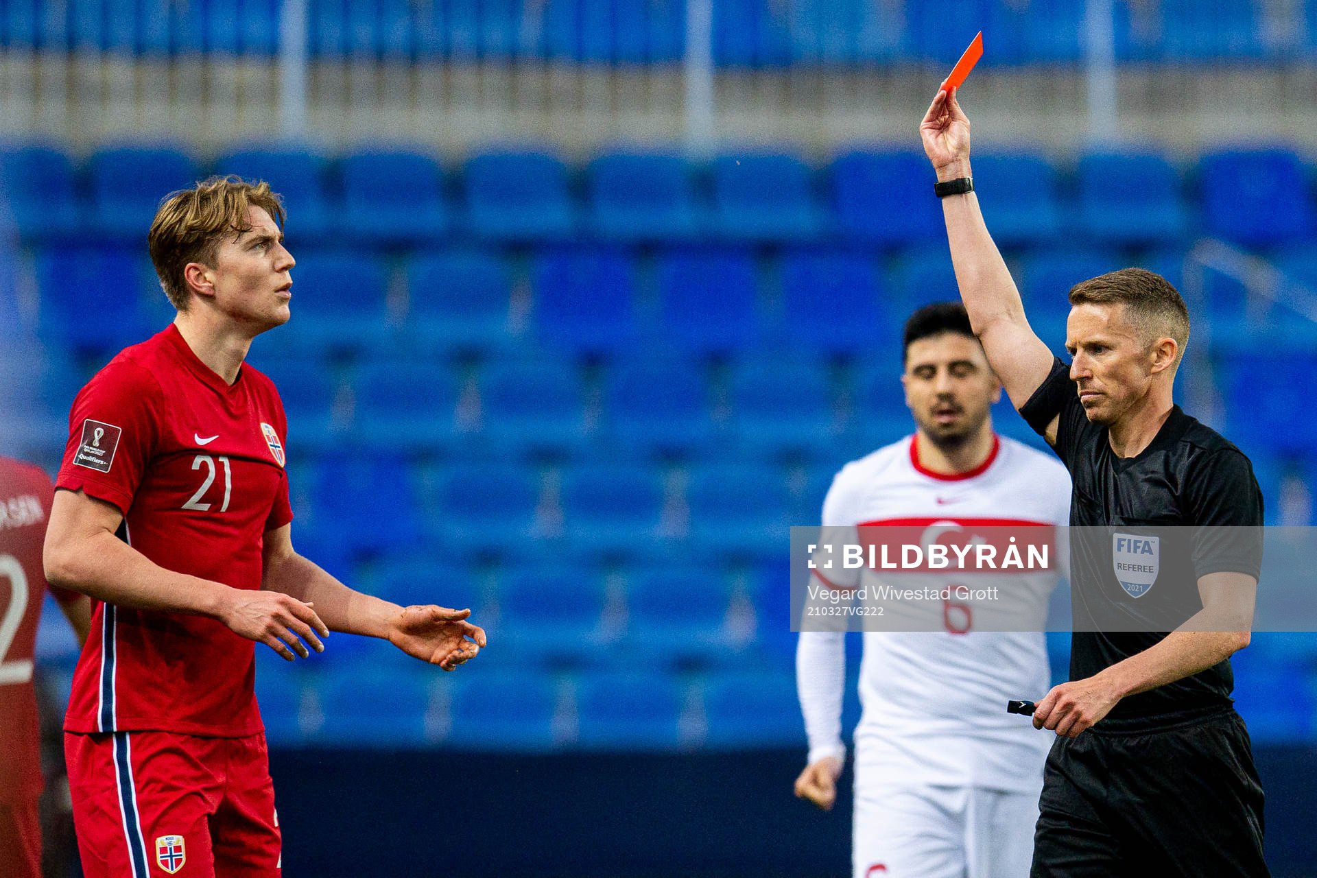 Kristian Thorstvedt of Norway receives a red card from