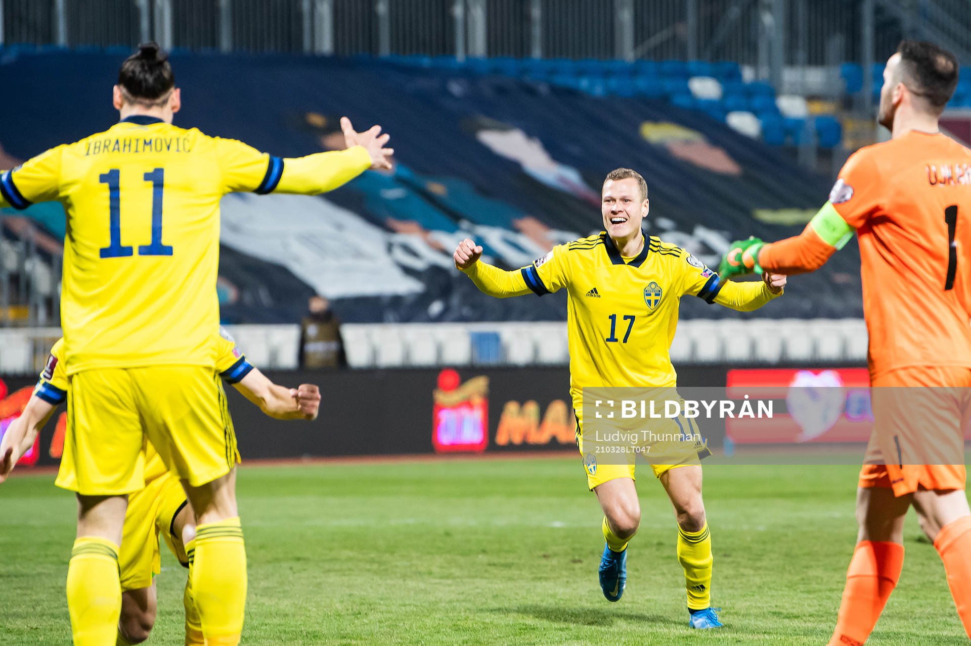 Viktor Claesson and Zlatan Ibrahimovic of Sweden celebrate