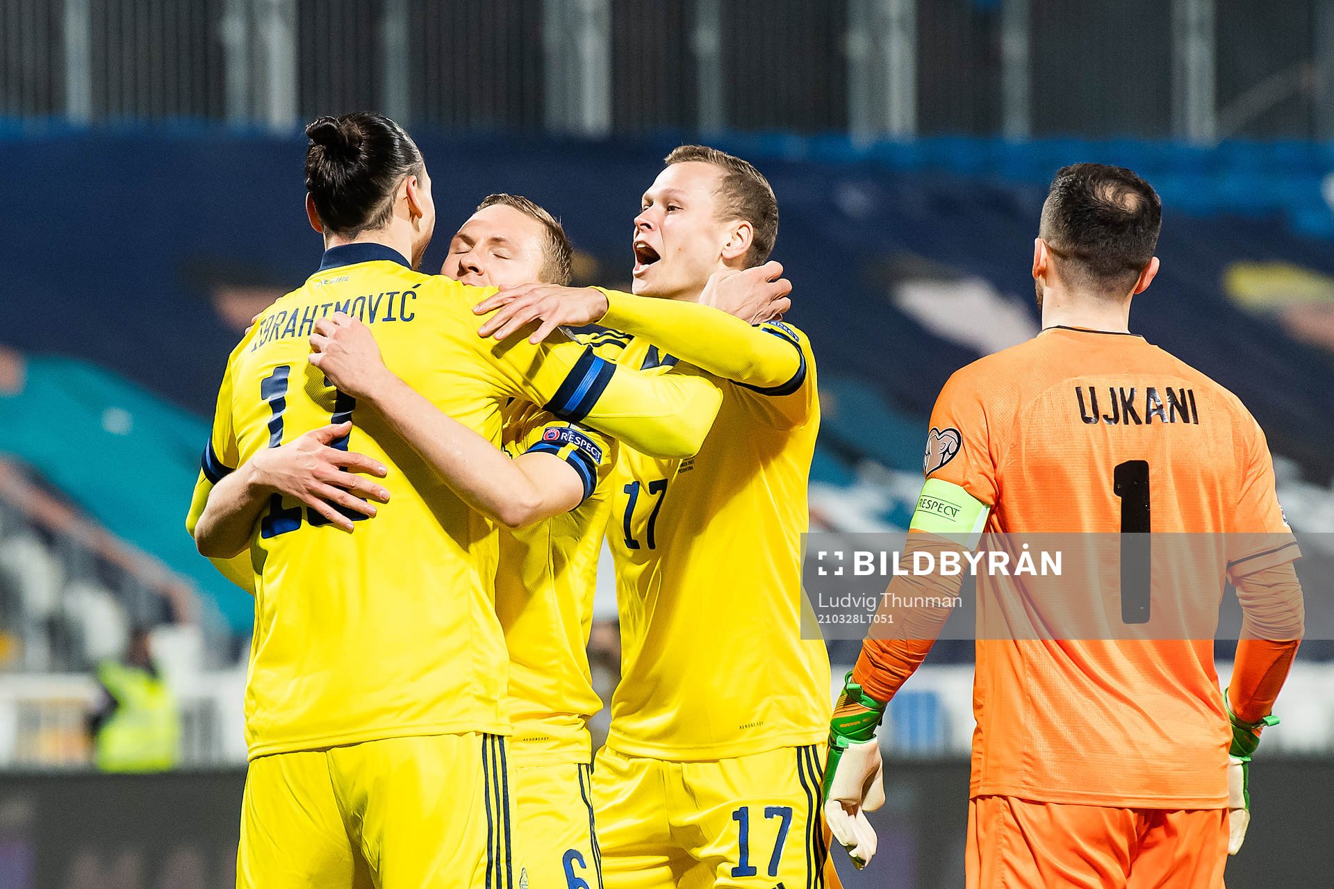 Zlatan Ibrahimovic, Ludwig Augustinsson and Viktor Claesson of Sweden celebrate after 0-1 during the FIFA World Cup Qualifier football match between Kosovo and Sweden on March 28, 2021 in Pristina.