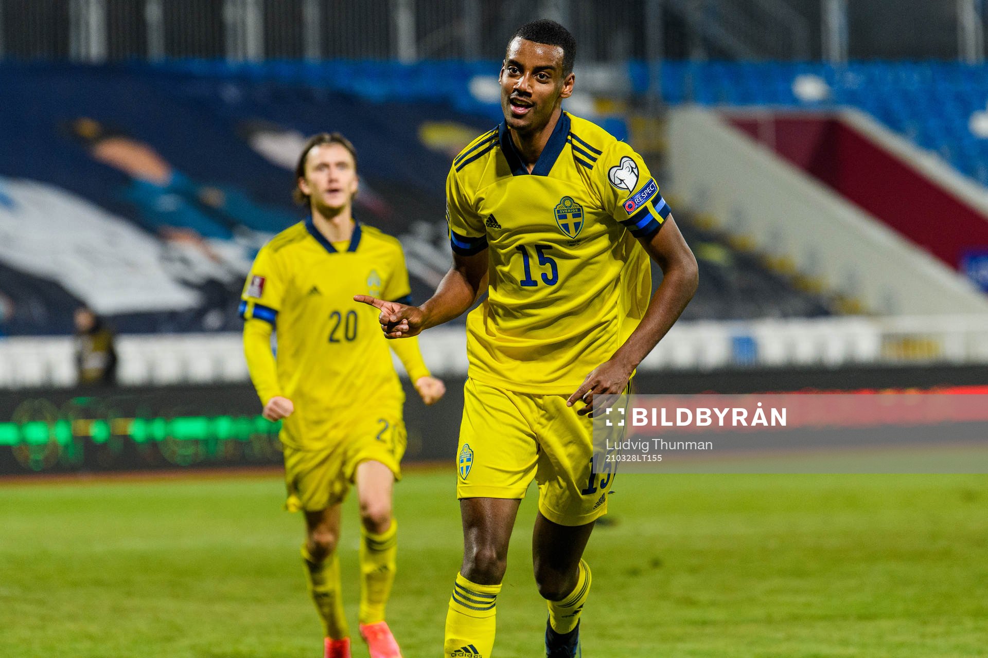 Alexander Isak of Sweden celebrates after scoring 0-2 during the FIFA World Cup Qualifier football match between Kosovo and Sweden on March 28, 2021 in Pristina.