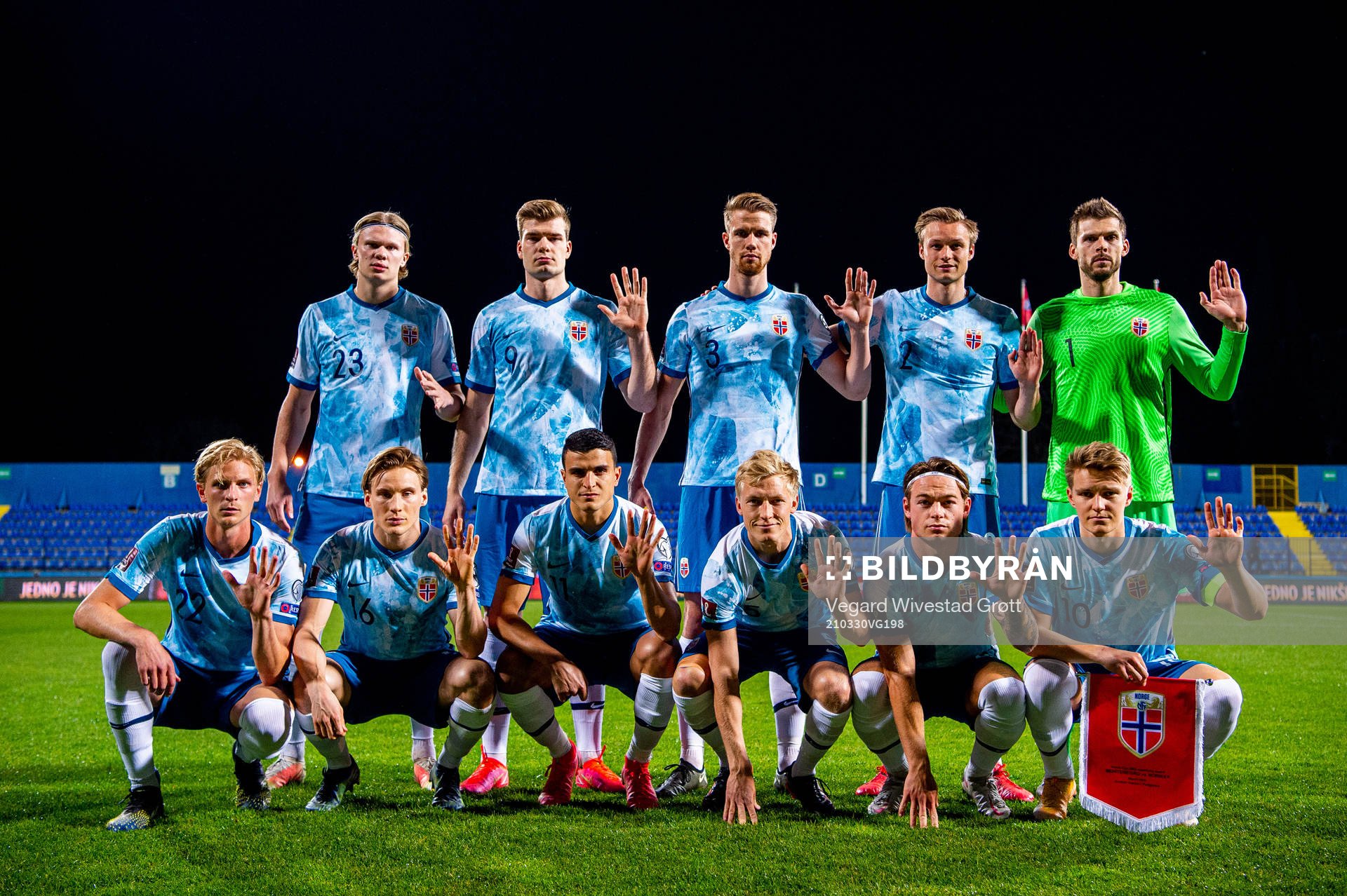 Norway's starting eleven pose for a team photo ahead of the FIFA World Cup Qualifier football match between Montenegro and Norway on March 30, 2021 in Podgorica. Top left: Erling Braut Haaland, Alexander Sørloth, Kristoffer Ajer, Stian Gregersen and goalkeeper Rune Almenning Jarstein. Front left: Morten Thorsby, Jonas Svensson, Mohamed Elyounoussi, Birger Meling, Patrick Berg and Martin Ødegaard. POOL
