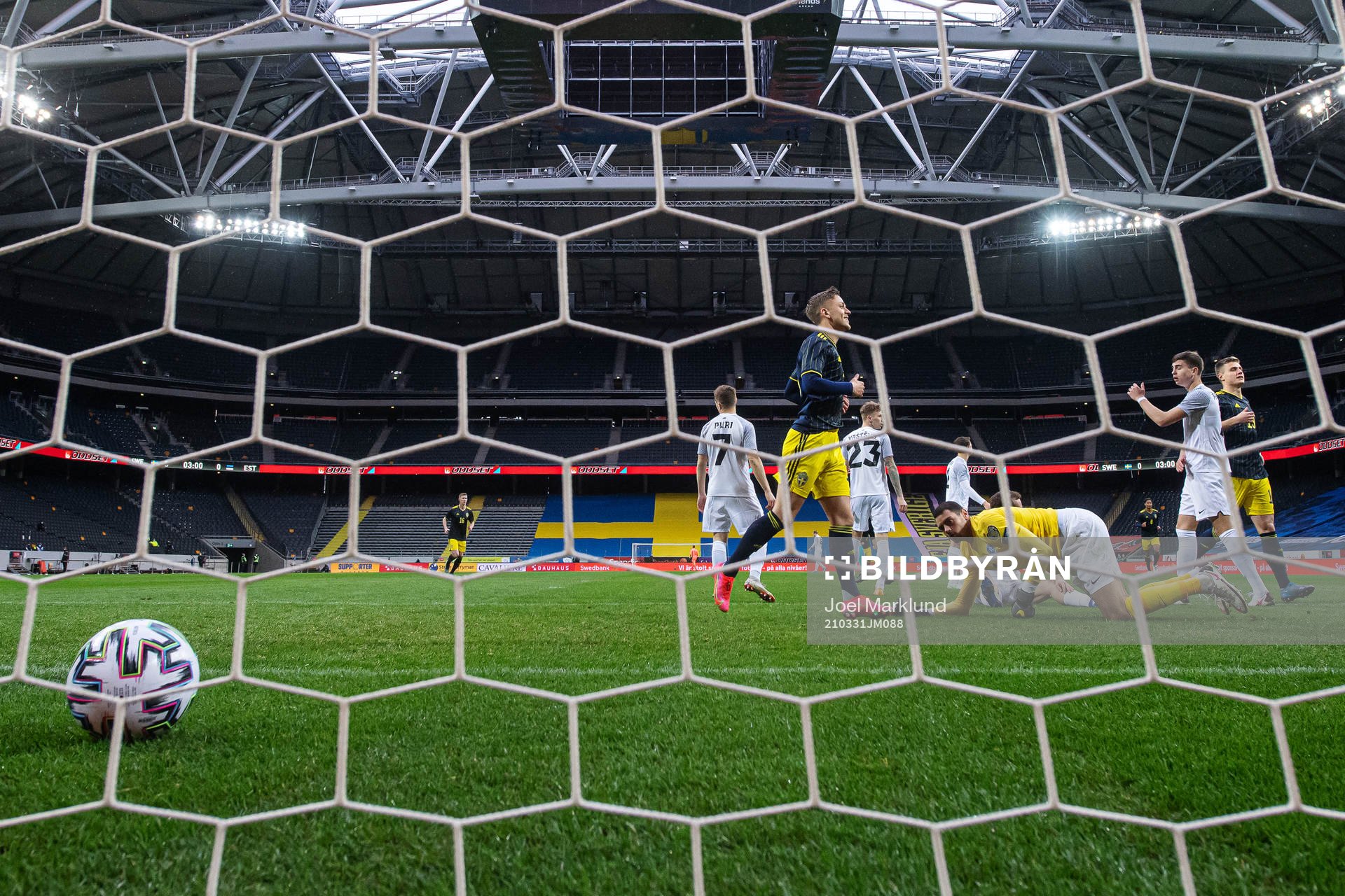 Jesper Karlsson of Sweden celebrates the 1-0 goal of Marcus Berg (not pictured) during the international friendly football match between Sweden and Estonia on March 31, 2021 in Stockholm.
