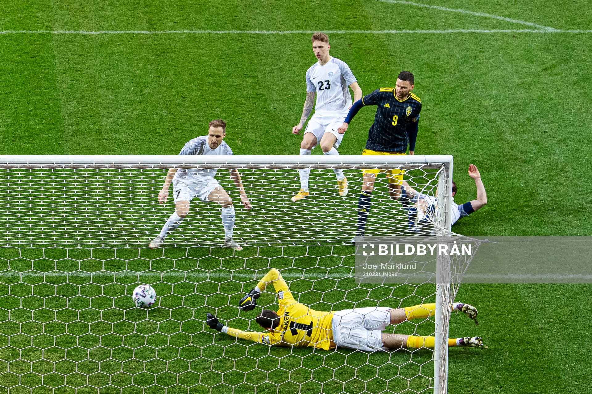 Marcus Berg of Sweden scores 1-0 behind goalkeeper Matvei