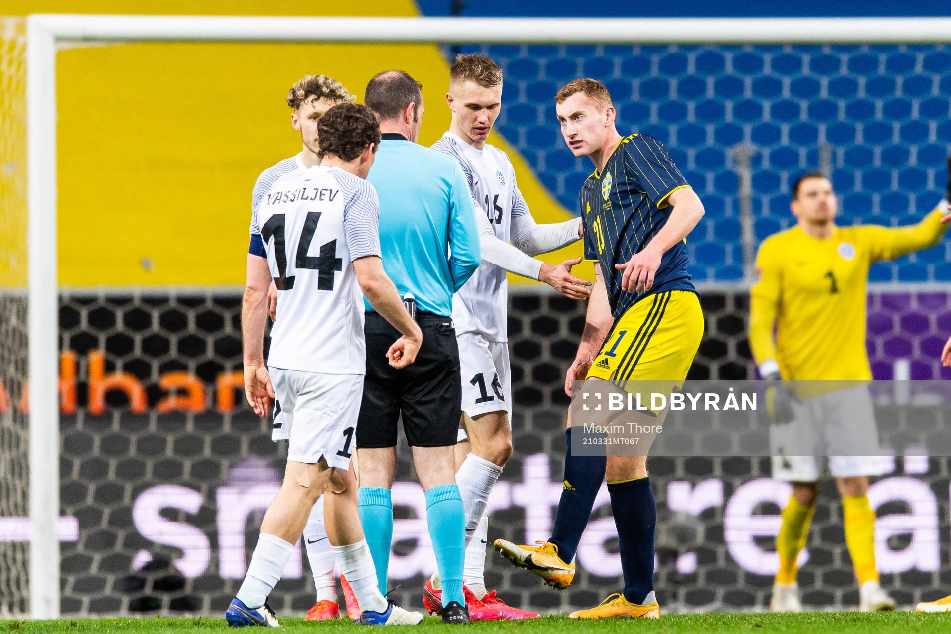 Dejan Kulusevski of Sweden reacts against referee Marco