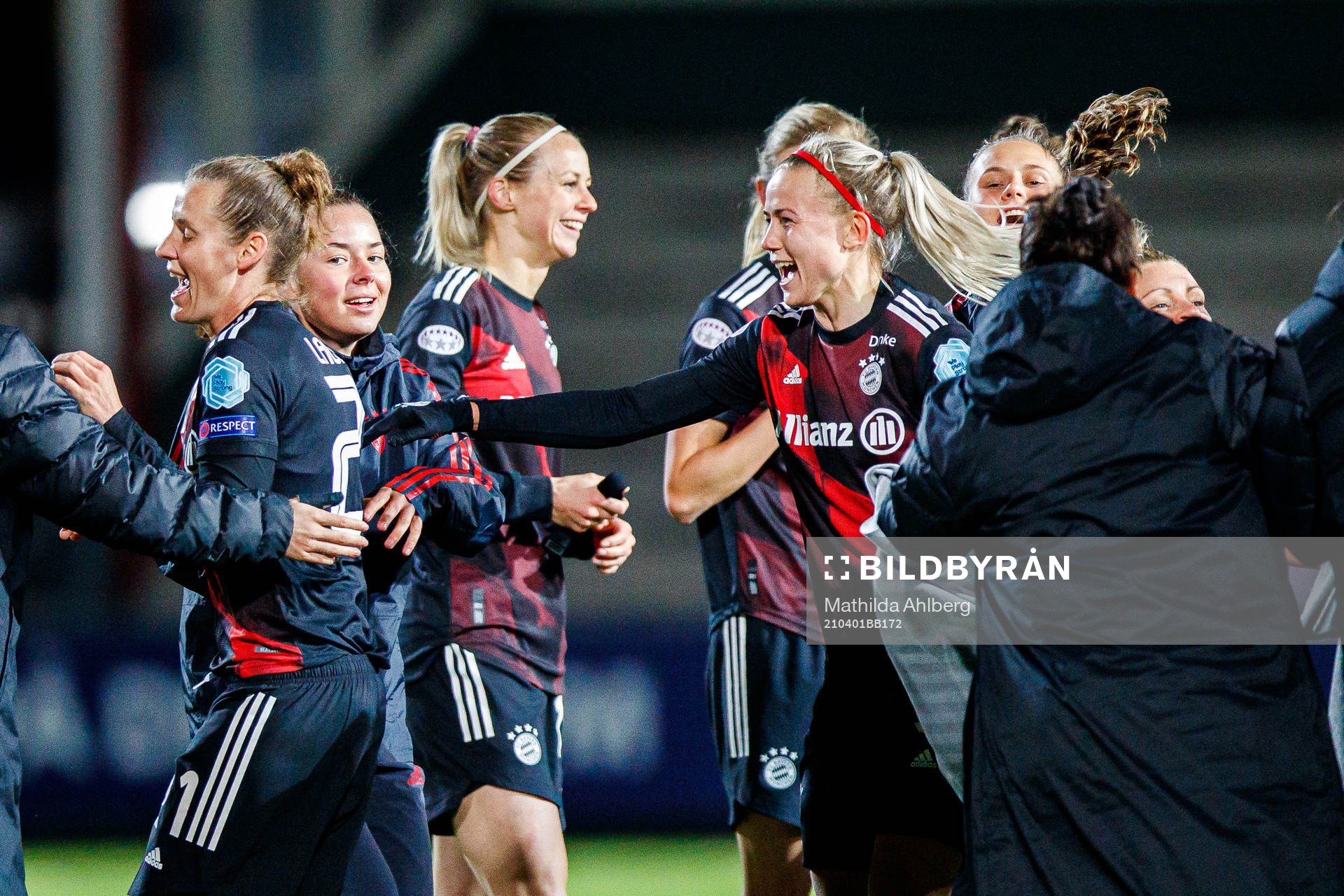 Amanda Ilestedt and Hanna Glas of Bayern Munich celebrates after the UEFA Women's Champions League football match quarterfinal two between FC Rosengård and Bayern Munich on April 1, 2021 in Malmö.