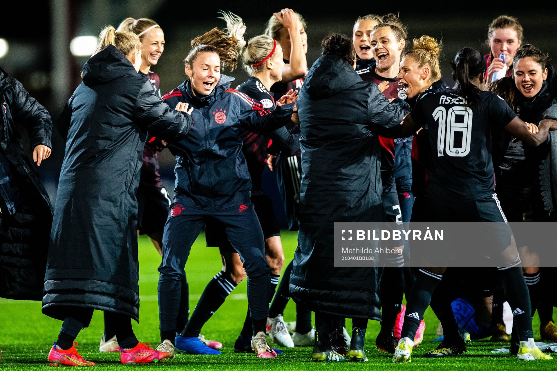 Players of Bayern Munich celebrates after winning in the UEFA Women's Champions League football match quarterfinal two between FC Rosengård and Bayern Munich on April 1, 2021 in Malmö.