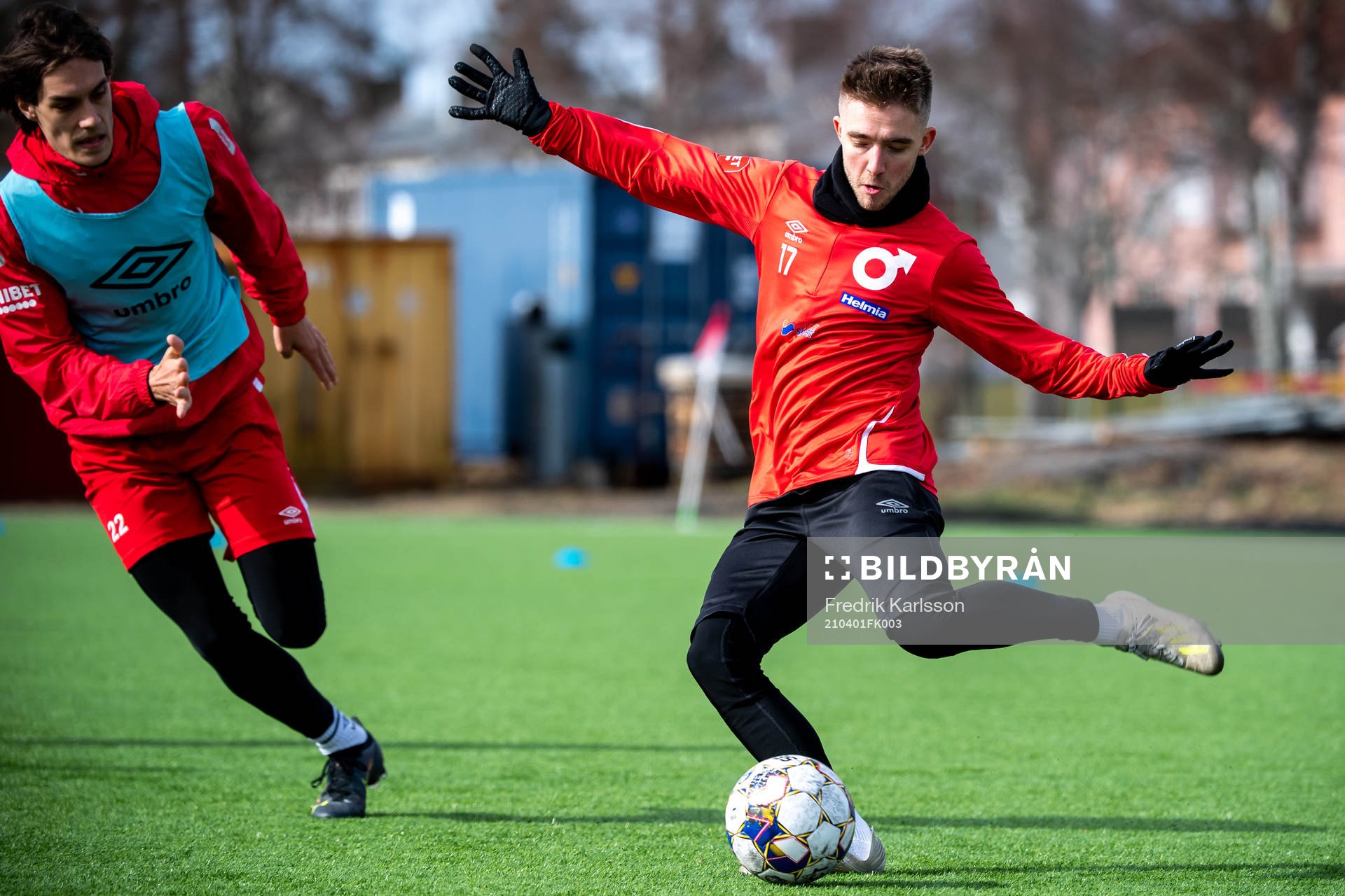 Degerfors IF Tufve Östlund och Anton Kralj under en träning med Degerfors den 1 april 2021 i Degerfors. 