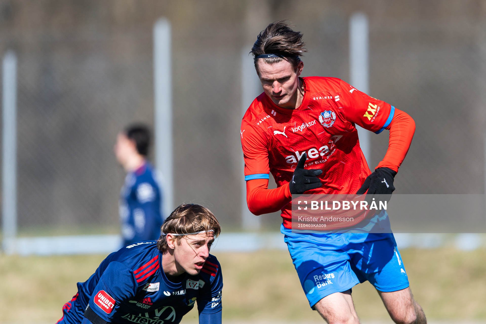 Helsingborgs Wilhelm Loeper jublar efter att han gjort 2-1 under träningsmatchen i fotboll mellan Helsingborg och Öster den 3 april 2021 i Helsingborg.