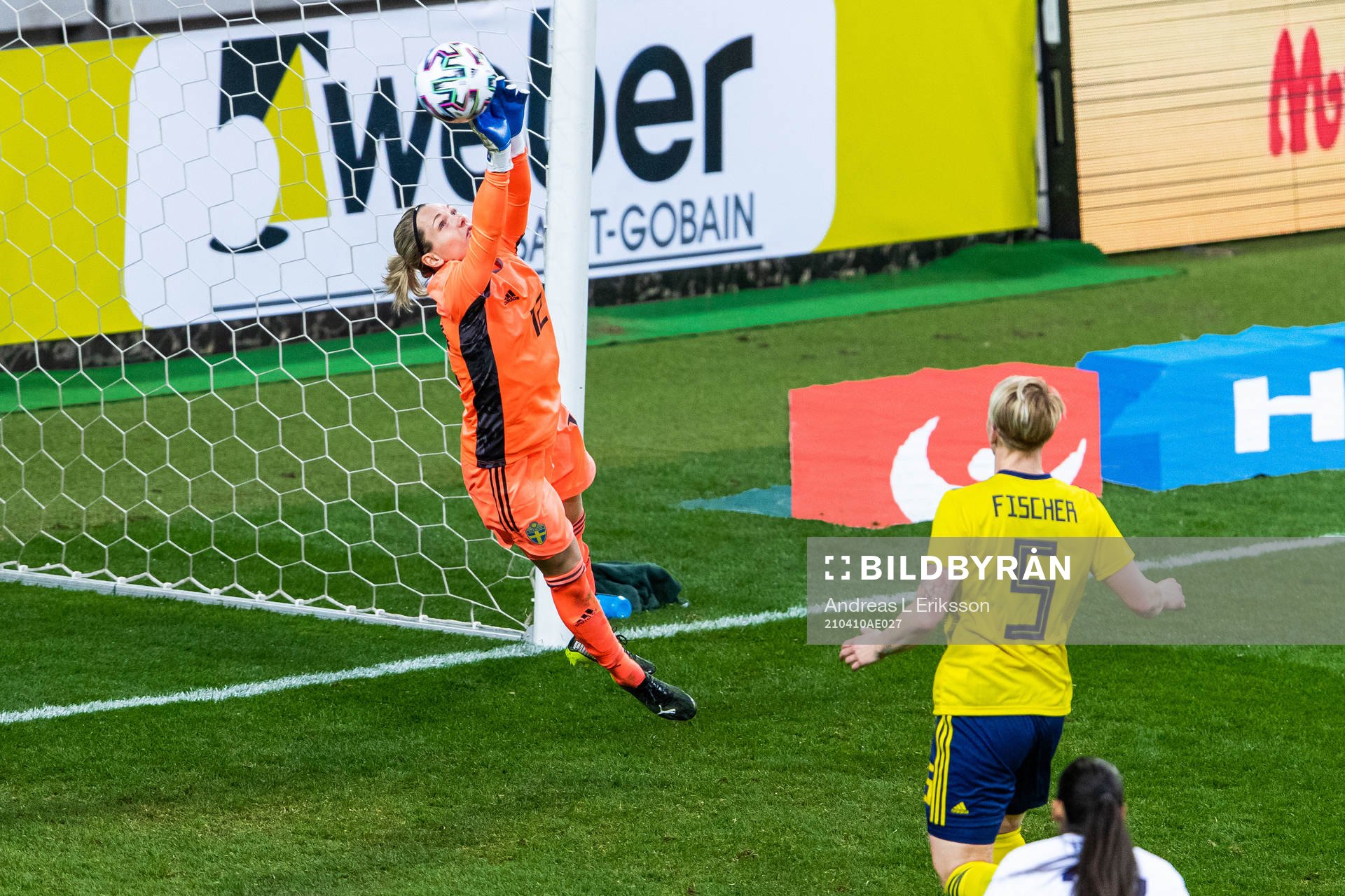 Goalkeeper Jennifer Falk of Sweden with  a save