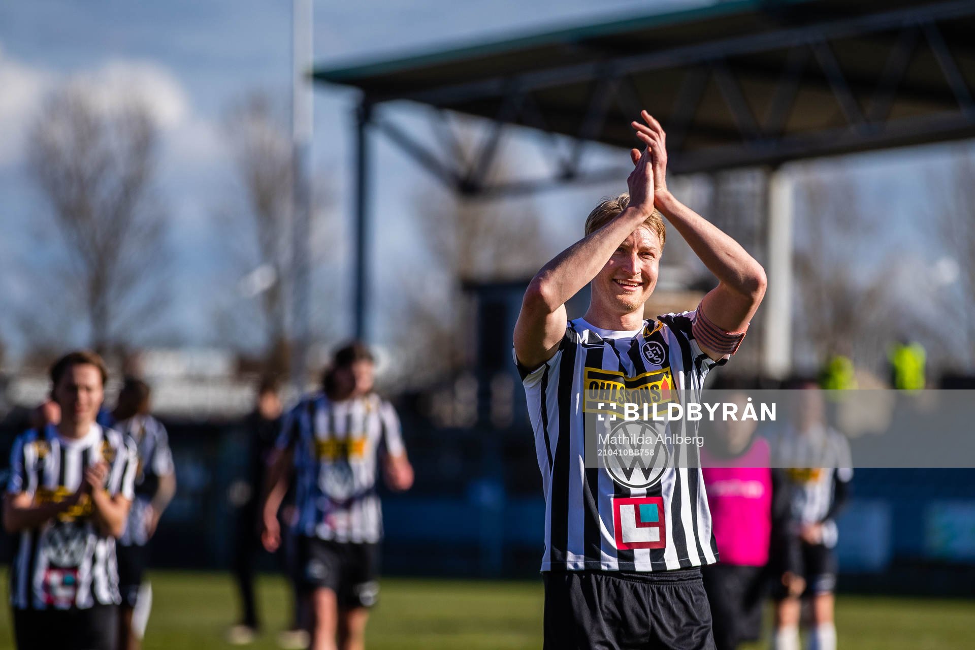 Landskronas Viktor Wihlstrand jublar efter fotbollsmatchen i Superettan mellan Landskrona och Värnamo den 10 april 2021 i Landskrona. 