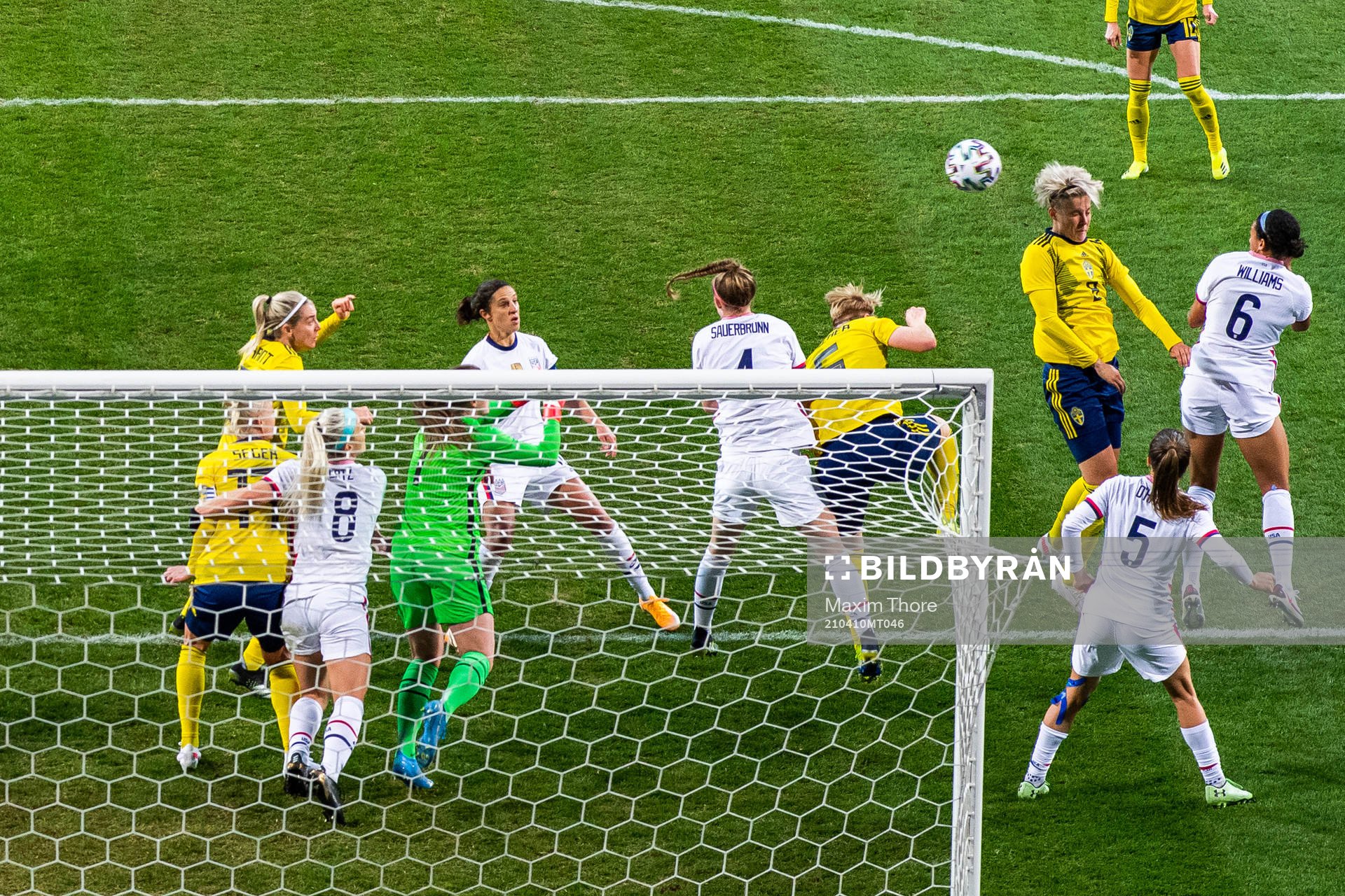 Lina Hurtig of Sweden scores 1-0 behind goalkeeper Alyssa