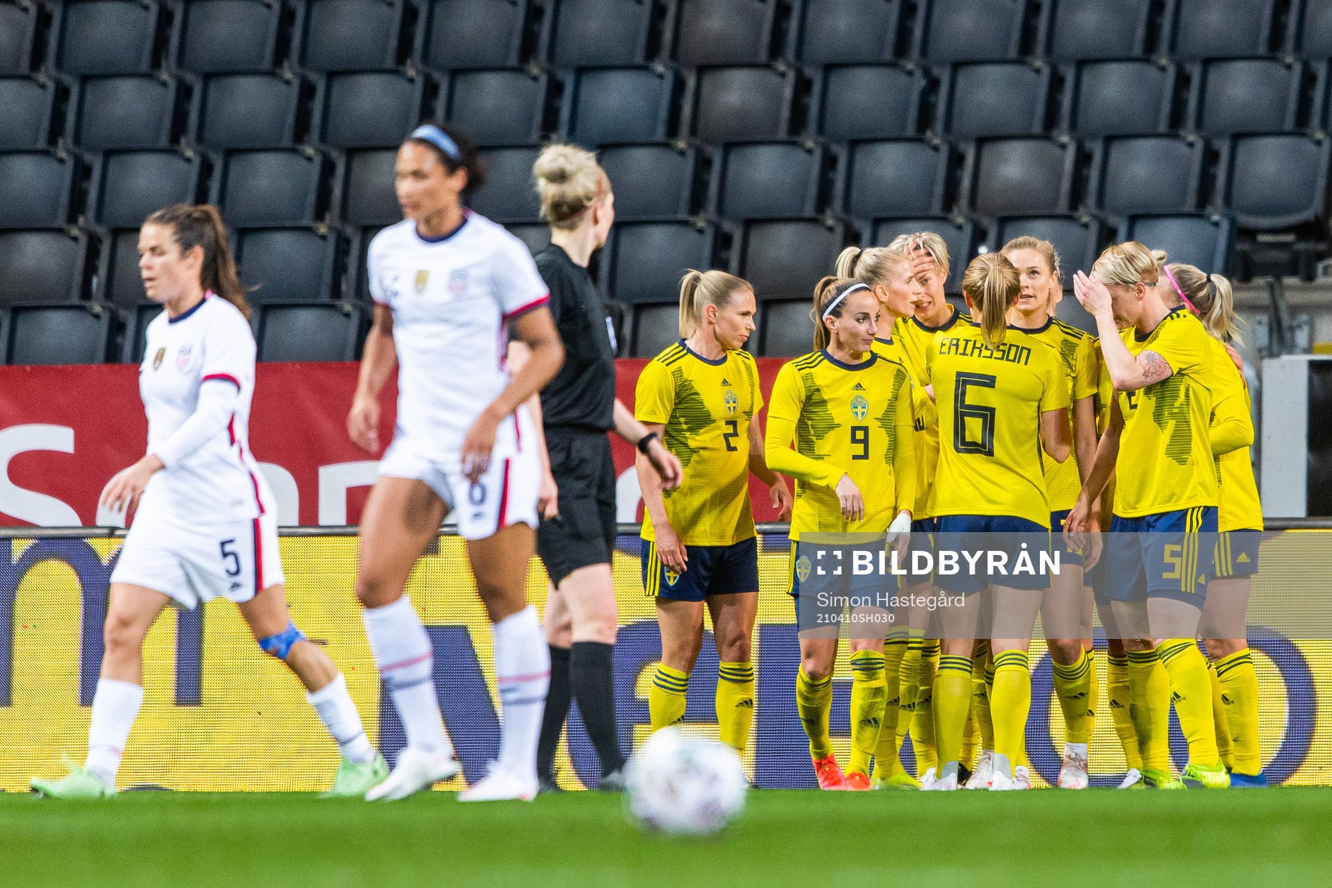 Lina Hurtig of Sweden celebrates with team mates after scoring 1-0 during the women's international friendly football match between Sweden and USA on April 10, 2021 in Stockholm.