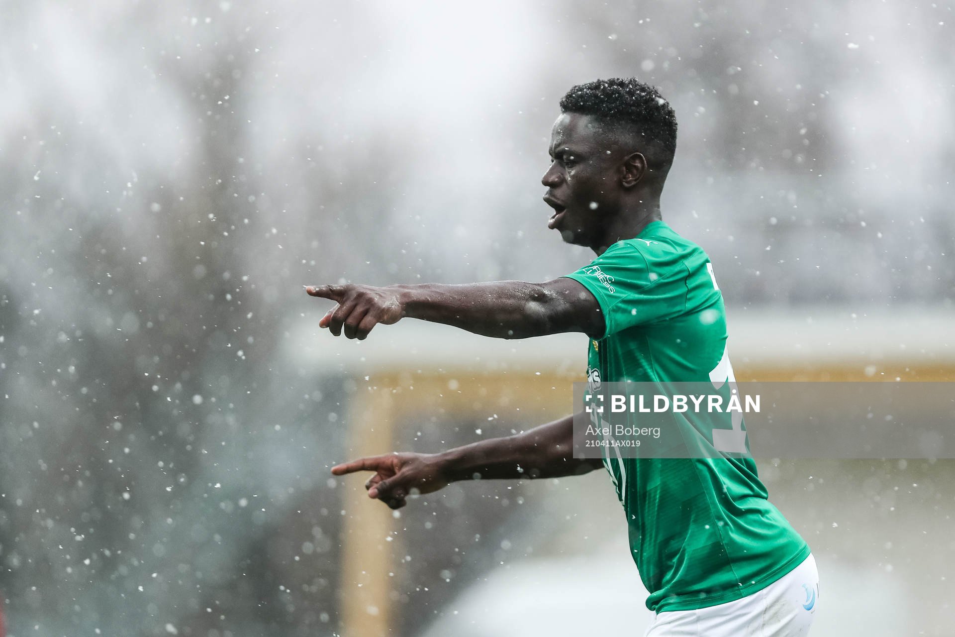 Jönköpings Eric Johana Omondi jublar efter 3-1 under fotbollsmatchen i Superettan mellan Jönköpings Södra och Vasalund den 11 april 2021 i Huskvarna.