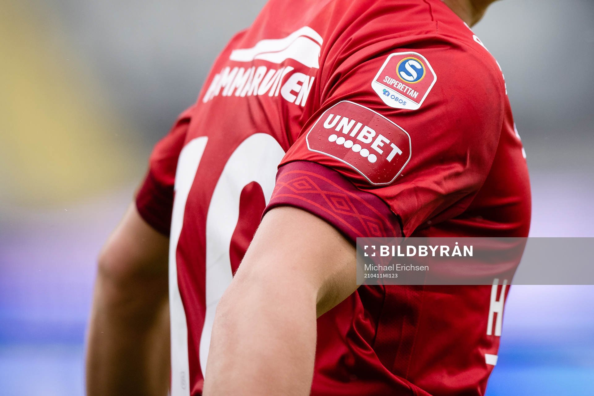 En Unibet logo på Örgrytes Kevin Ackermanns matchtröja under fotbollsmatchen i Superettan mellan Örgryte och Öster den 11 april 2021 i Göteborg.