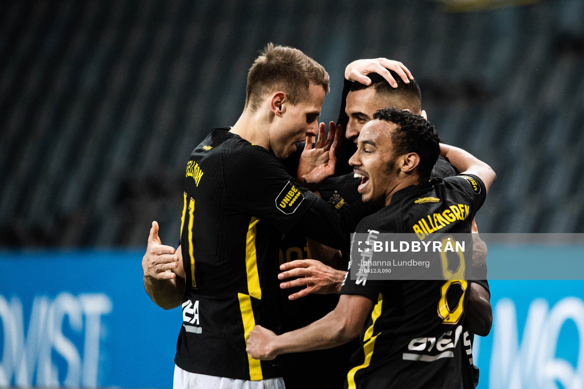 AIK:s Bojan Radulovic och Bilal Husein jublar med Nabil Bahoui efter 2-0 under fotbollsmatchen i Allsvenskan mellan AIK och Degerfors den 12 april 2021 i Stockholm. 