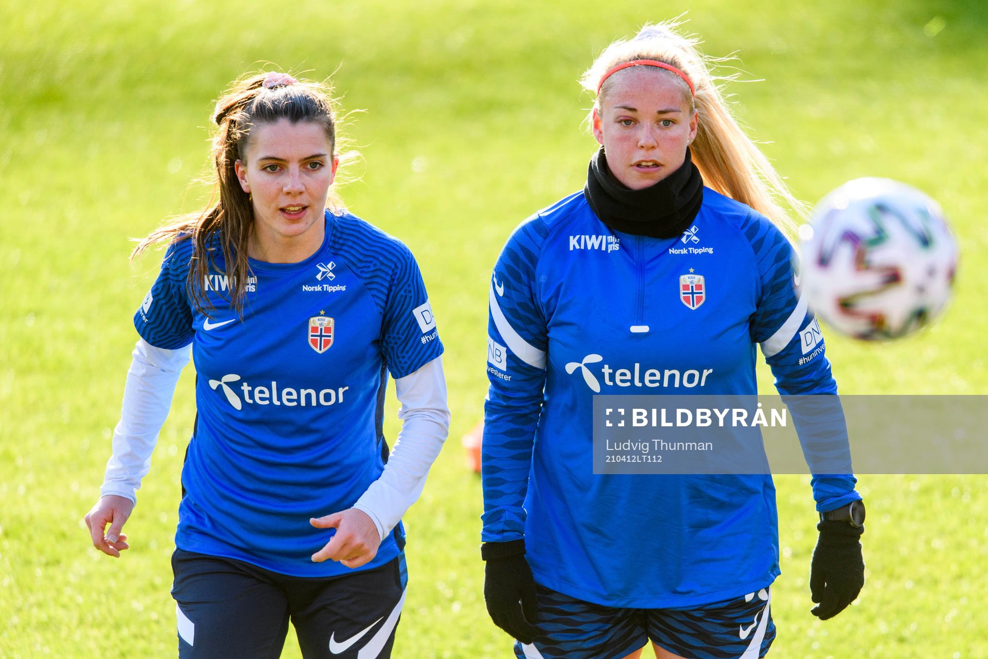 Cecilie Redisch Kvamme and Therese Sessy Åsland of the Norwegian national football team during a training session on April 12, 2021 in Wiesbaden. 