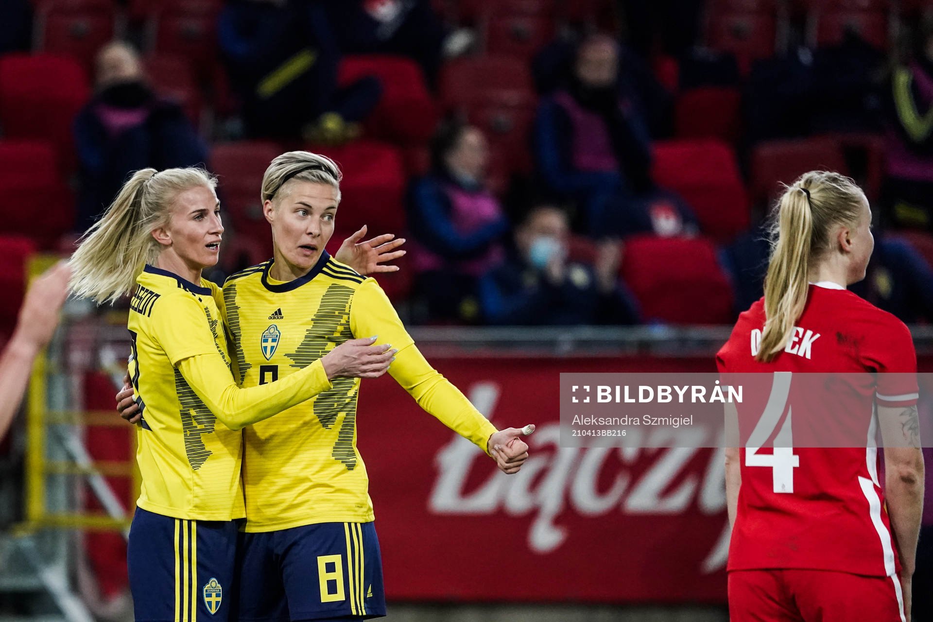 Sofia Jakobsson and Lina Hurtig of Sweden celebrate after 2-4 during the women's international friendly football match between Poland and Sweden on April 13, 2021 in Lodz.